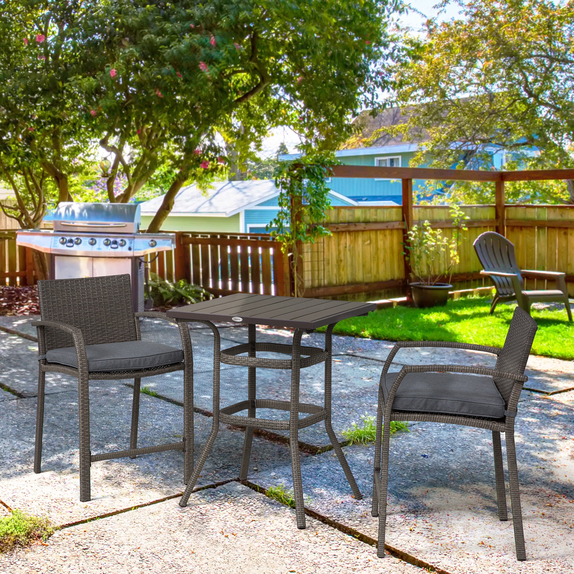 Gray wicker patio bistro set with dark cushions perfect for small outdoor spaces