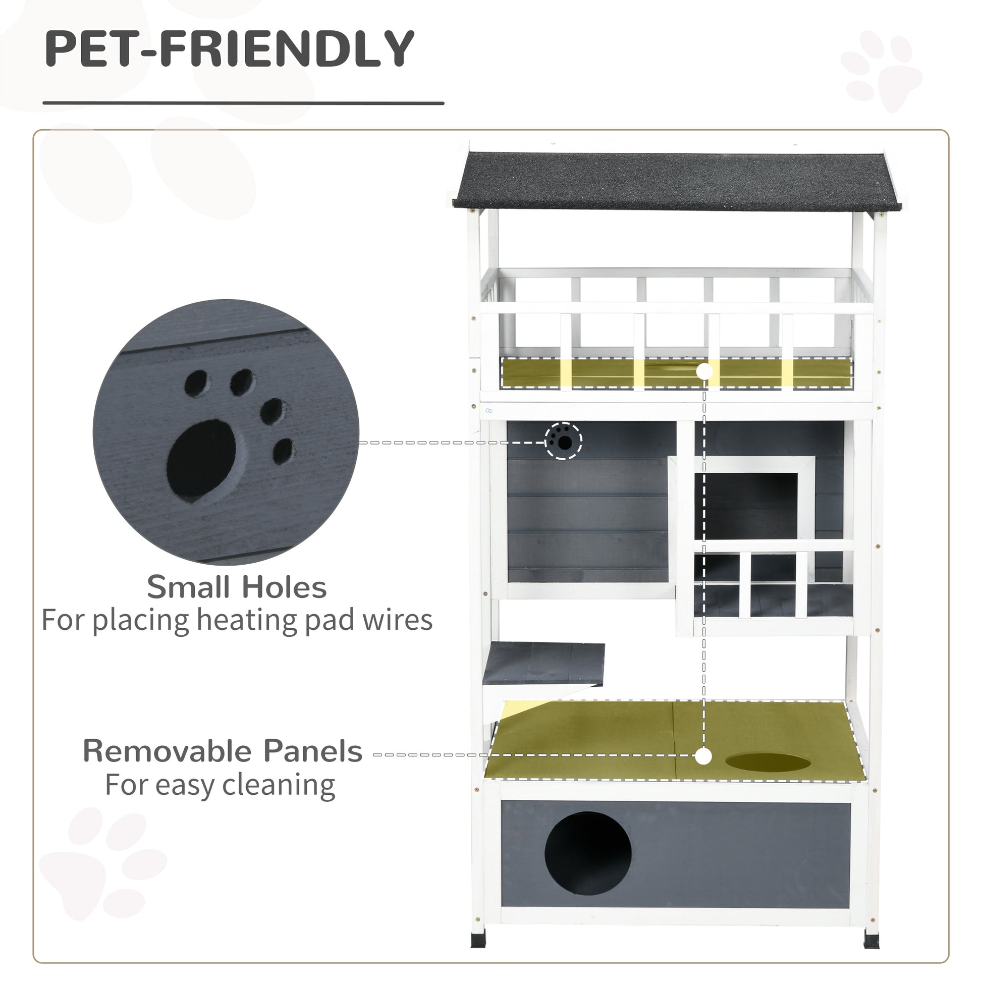 Multilevel gray and white cat condo with accessible platforms and heating pad wire holes