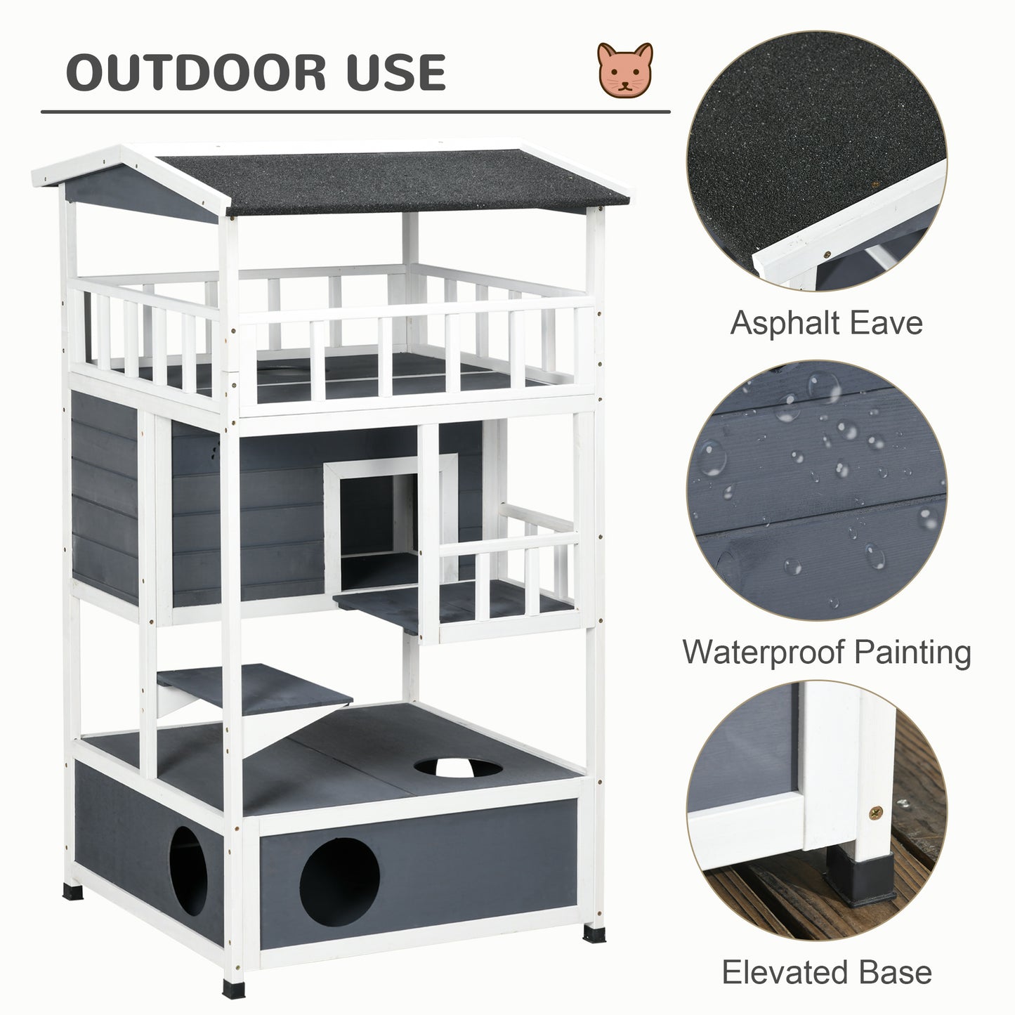 Multilevel outdoor cat tree with white frame and grey panels featuring multiple platforms