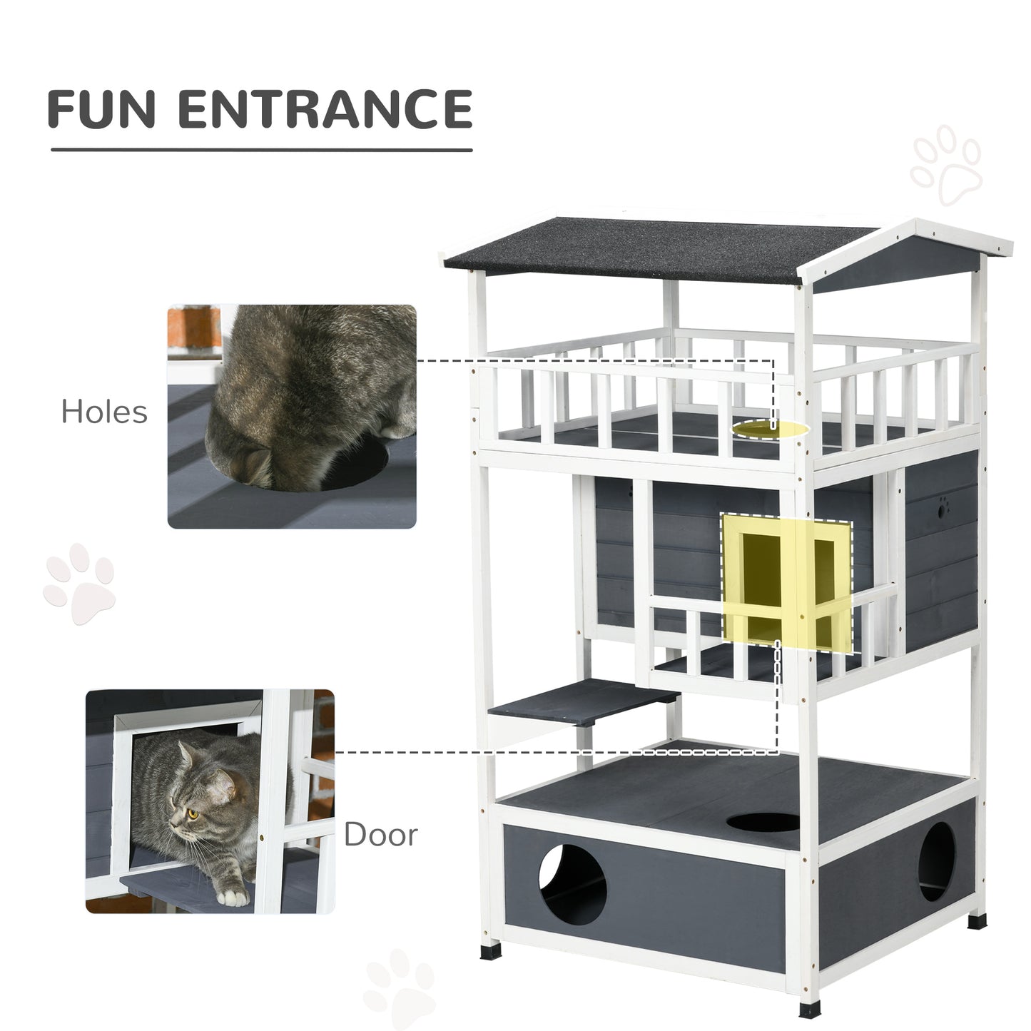 Multilevel grey wooden cat tree with open holes and a fenced balcony