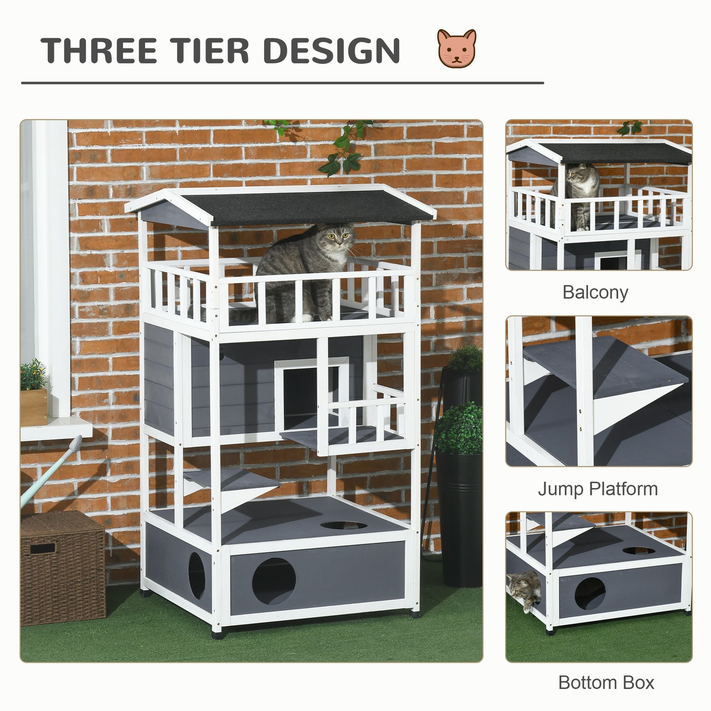 Gray and white threetier cat tree with multiple perches and enclosed hideaways