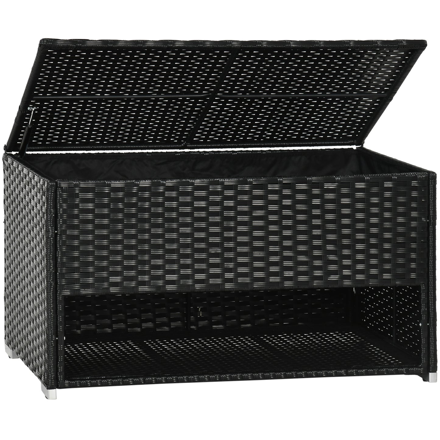 Black wicker storage chest with lid open ideal for patio furniture organization