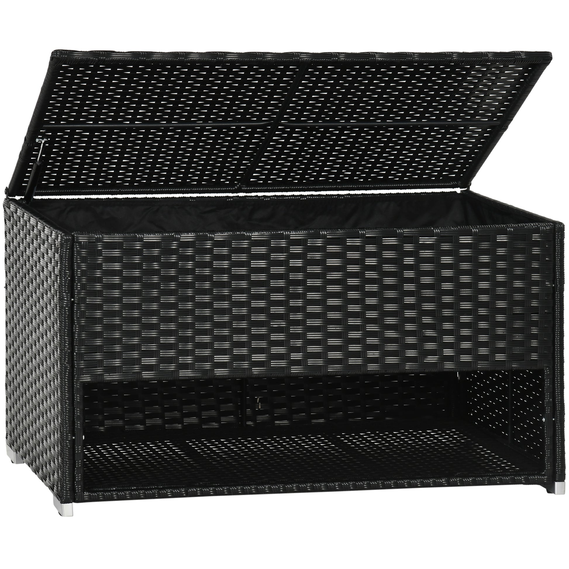 Black wicker storage chest with lid open ideal for patio furniture organization