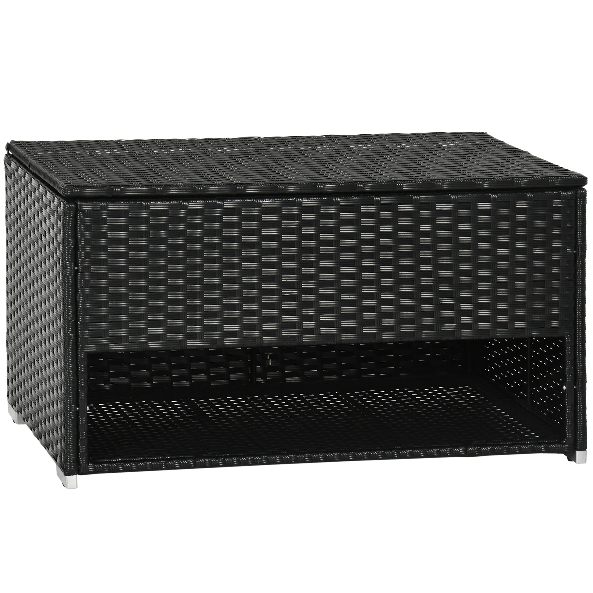 Black rattan storage bench with open shelf outdoor furniture accent
