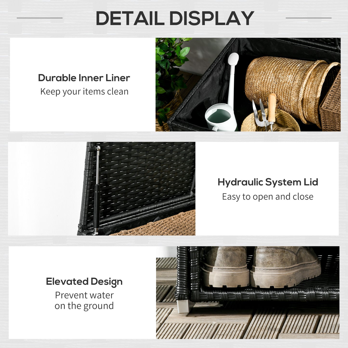 Black wicker storage box with durable inner liner holding gardening tools and pots