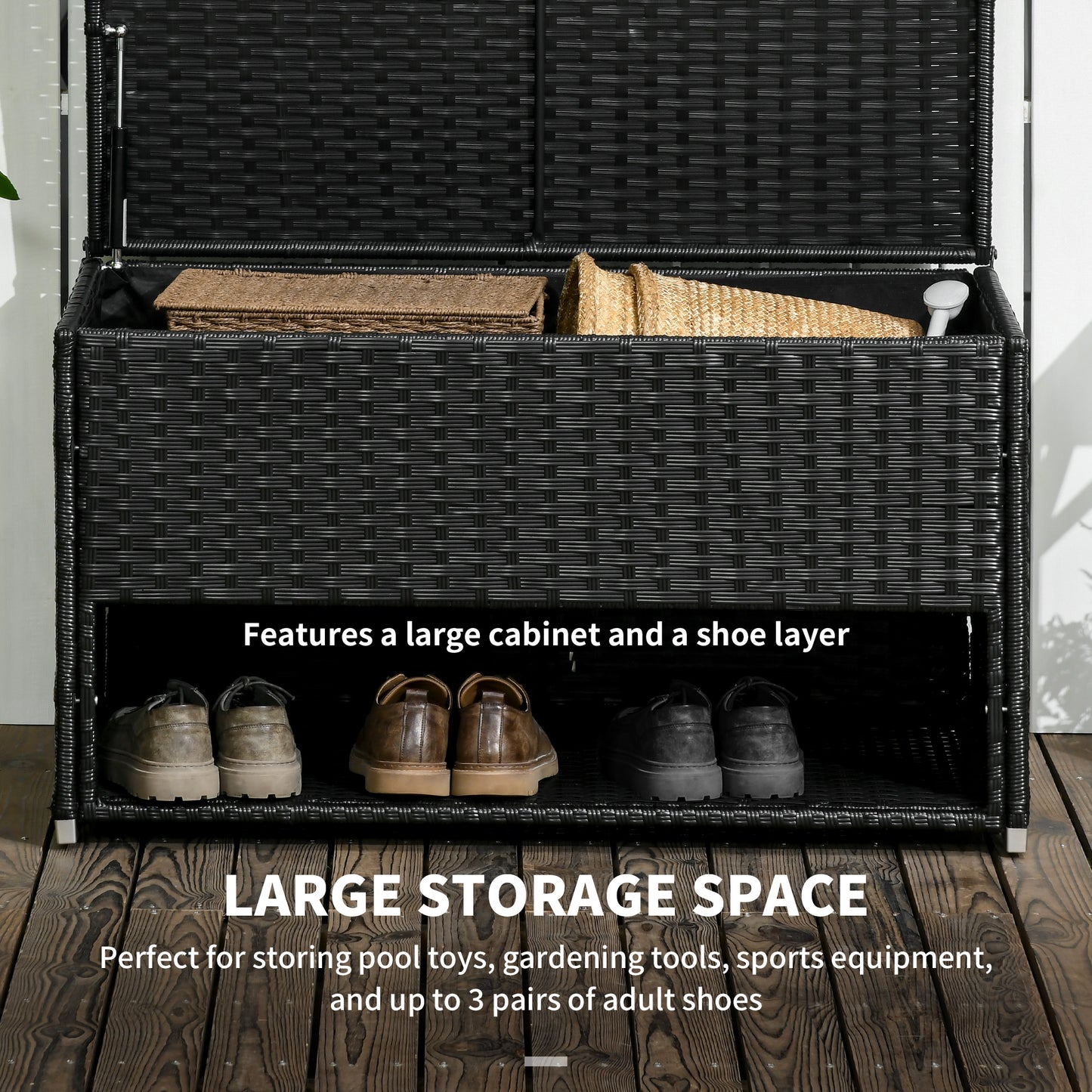 Black rattan storage bench with open top revealing baskets and closed shoe compartment below