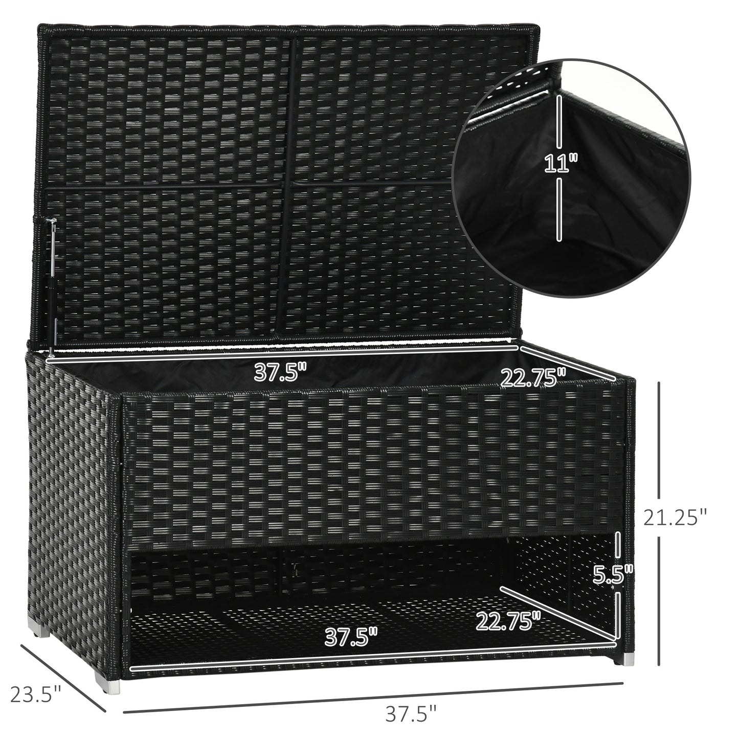Black wicker outdoor storage bench with hinged lid and internal compartment