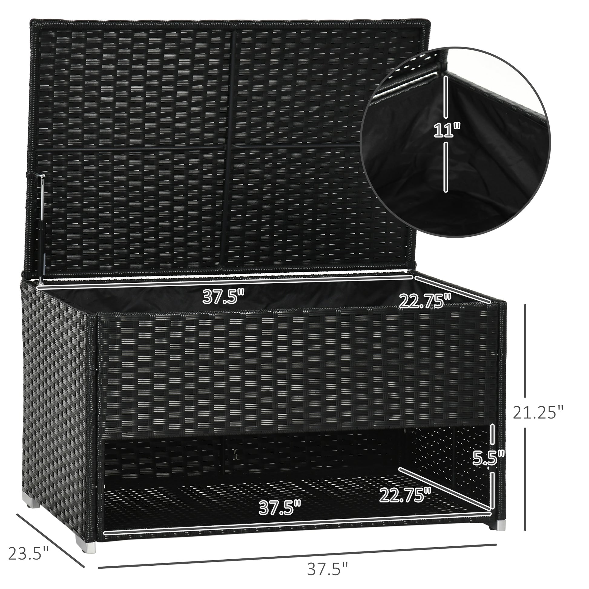 Black wicker outdoor storage bench with hinged lid and internal compartment