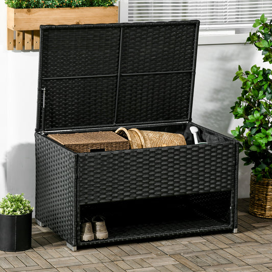 Black wicker outdoor storage bench with lid open showing baskets and shoes