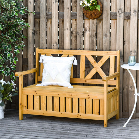 Wooden outdoor storage bench with a white tufted cushion