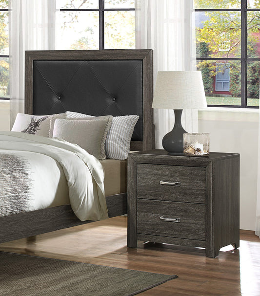 Dark gray wood nightstand with two drawers and silver pulls