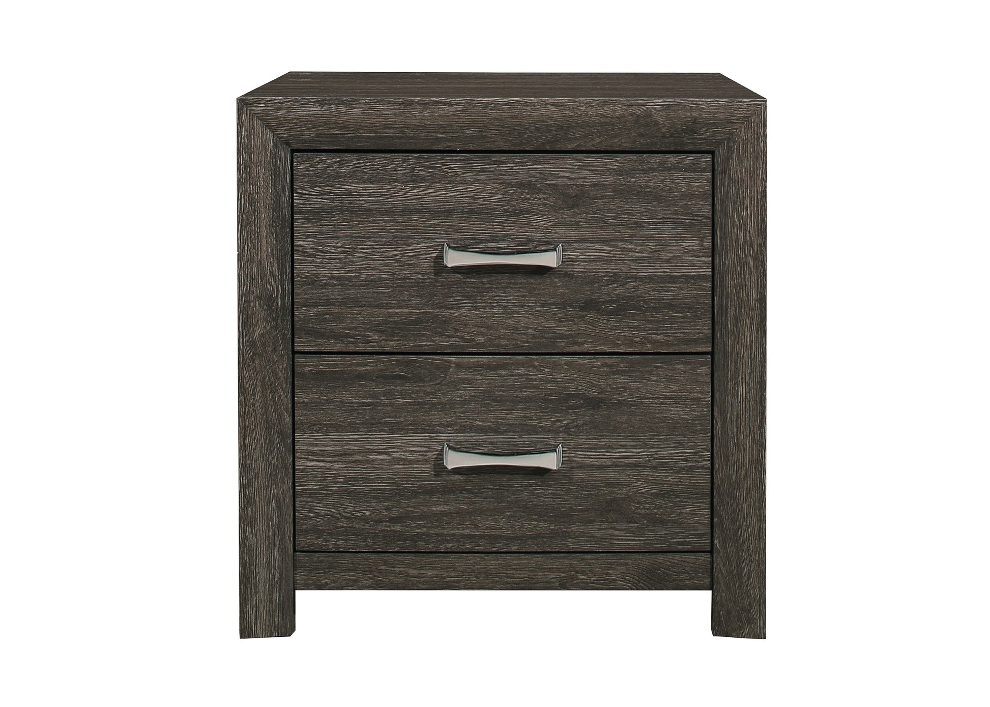 Dark gray wood grain nightstand with two drawers and silver handles