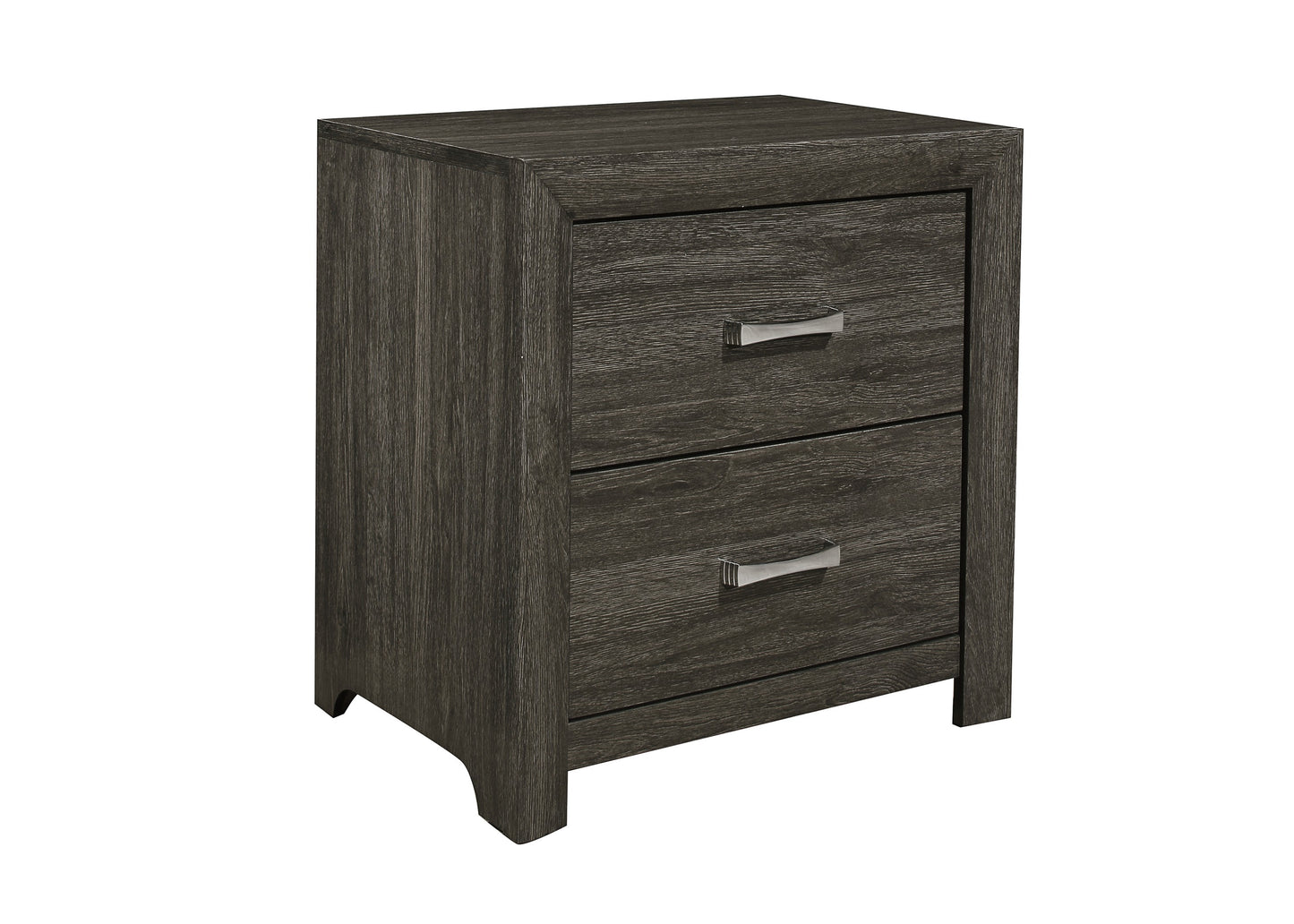 Dark gray wood veneer nightstand with two drawers and silver handles