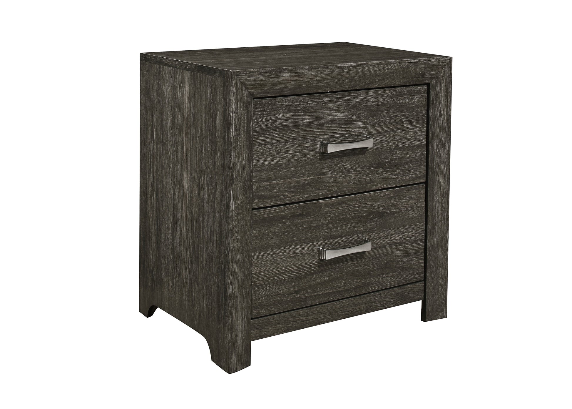 Dark gray wood veneer nightstand with two drawers and silver handles