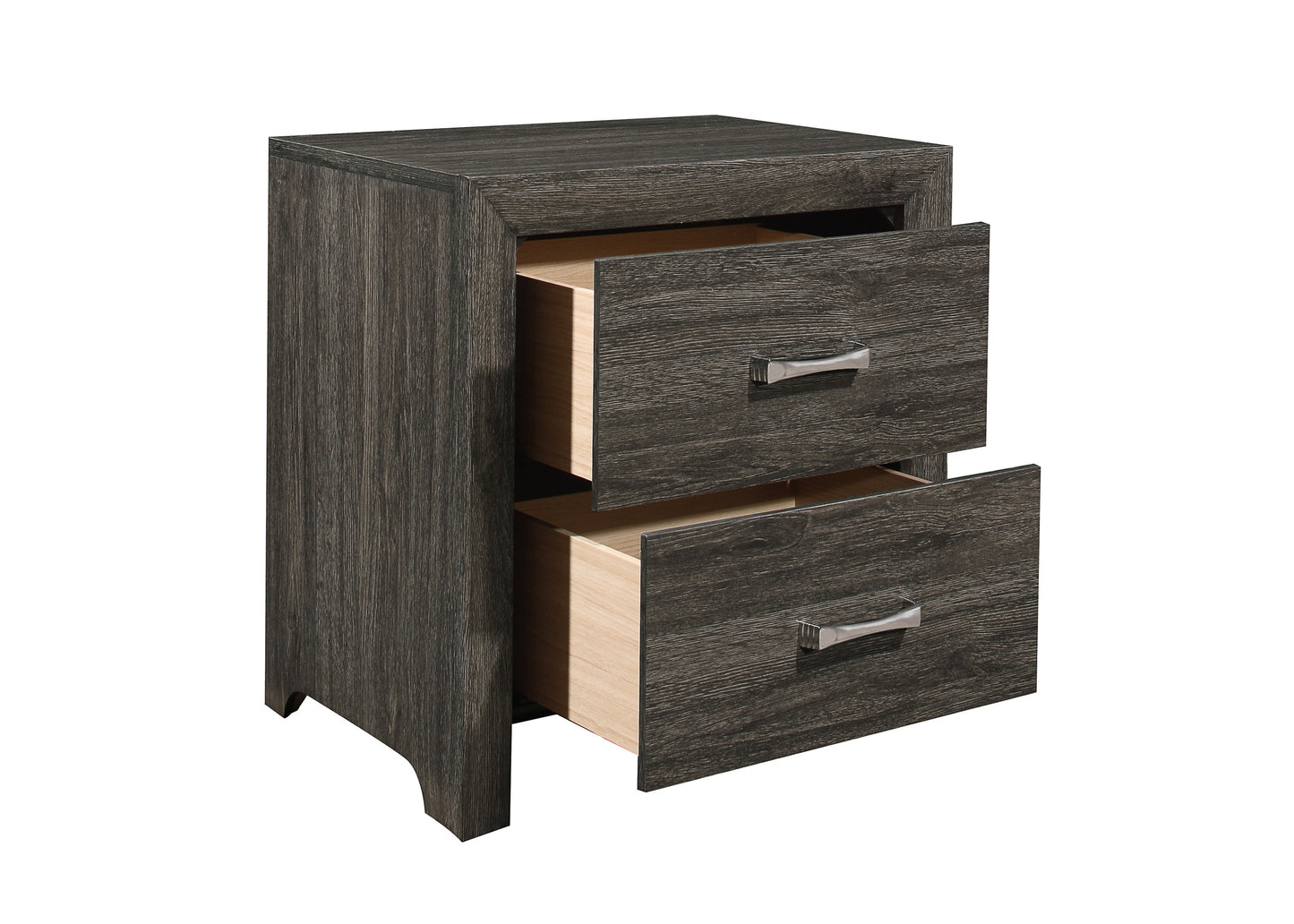 Dark wood grain nightstand with two open drawers and silver hardware