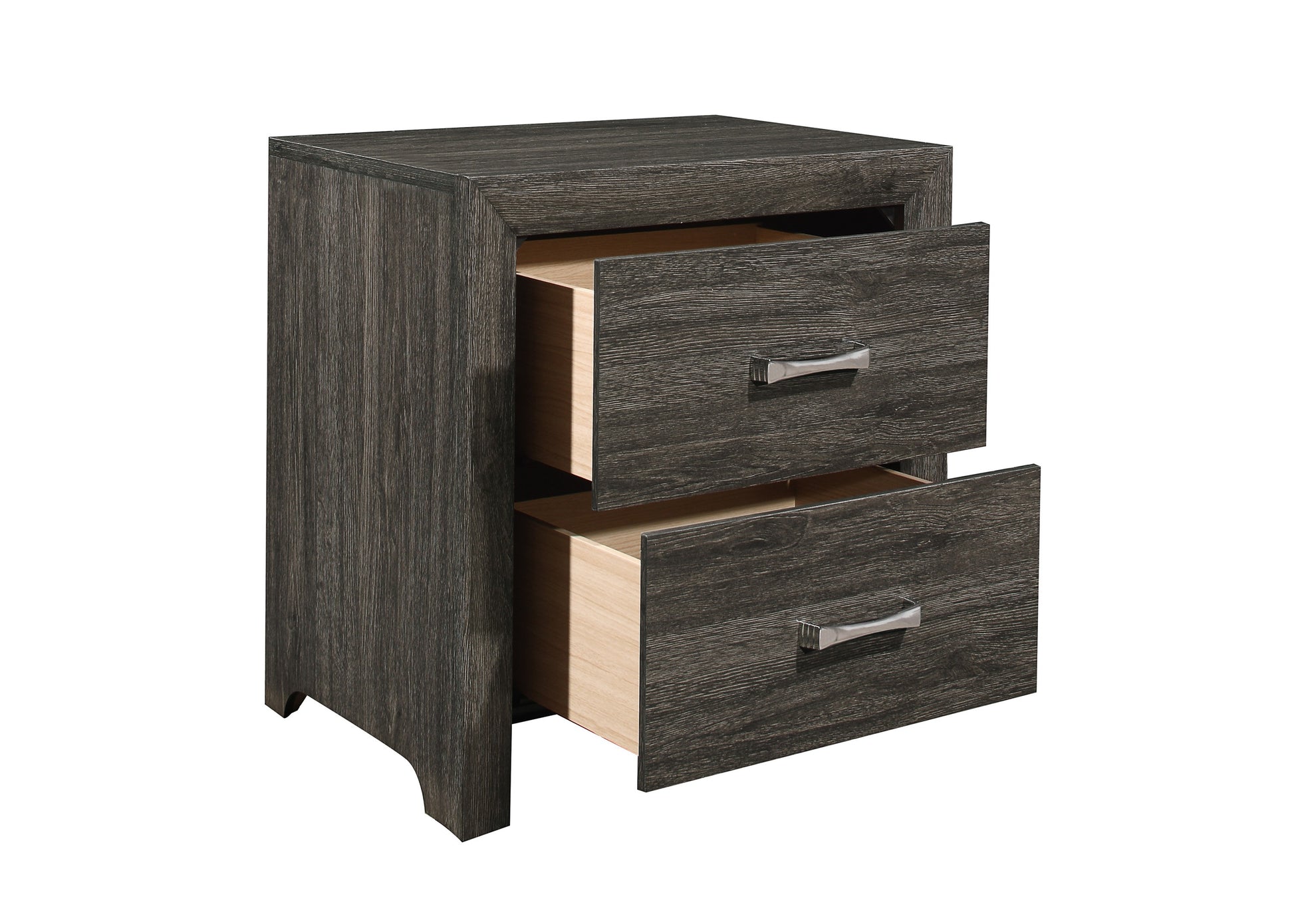Dark wood grain nightstand with two open drawers and silver hardware