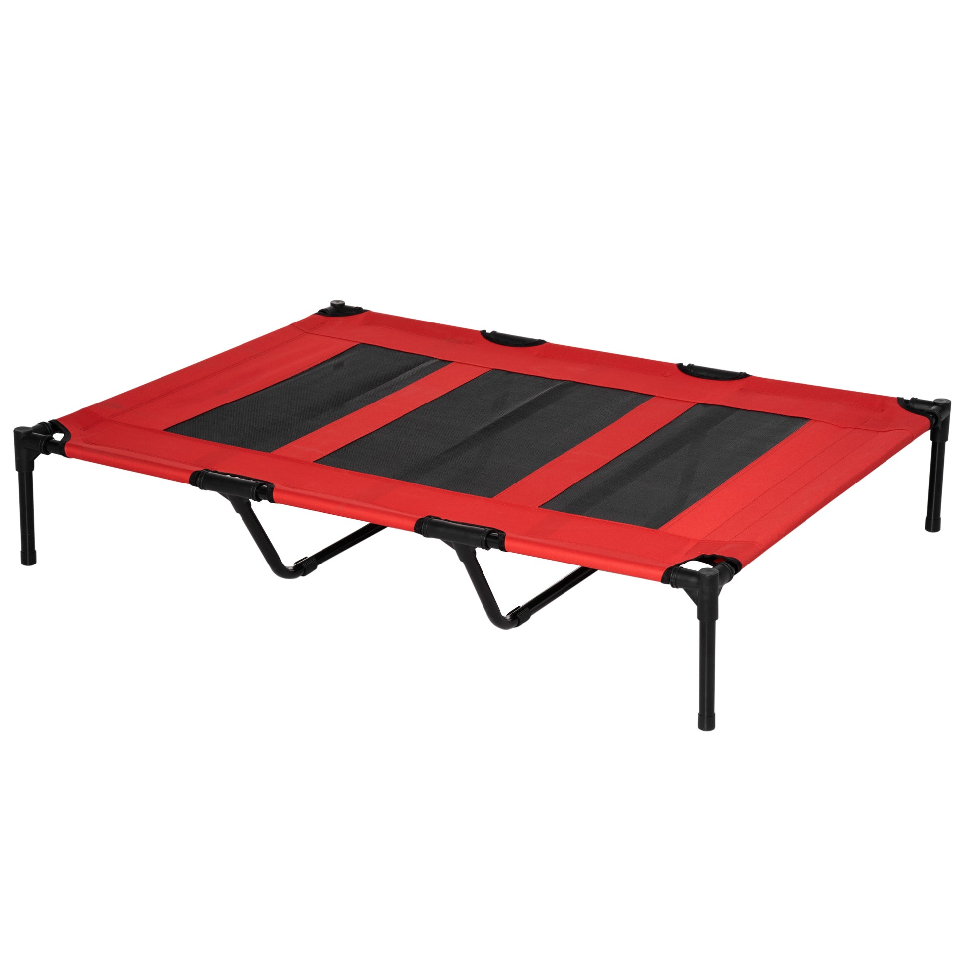 Red elevated dog bed with black mesh and metal frame for outdoor use