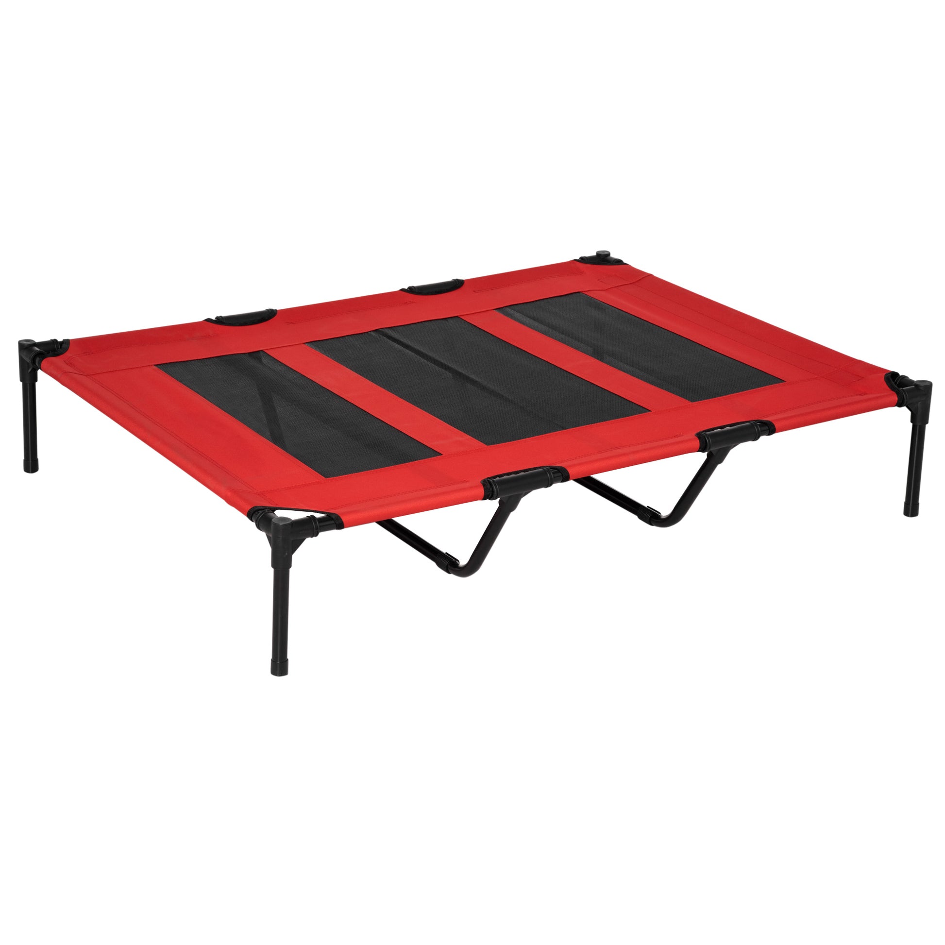Red elevated pet bed with black mesh panels and sturdy black frame
