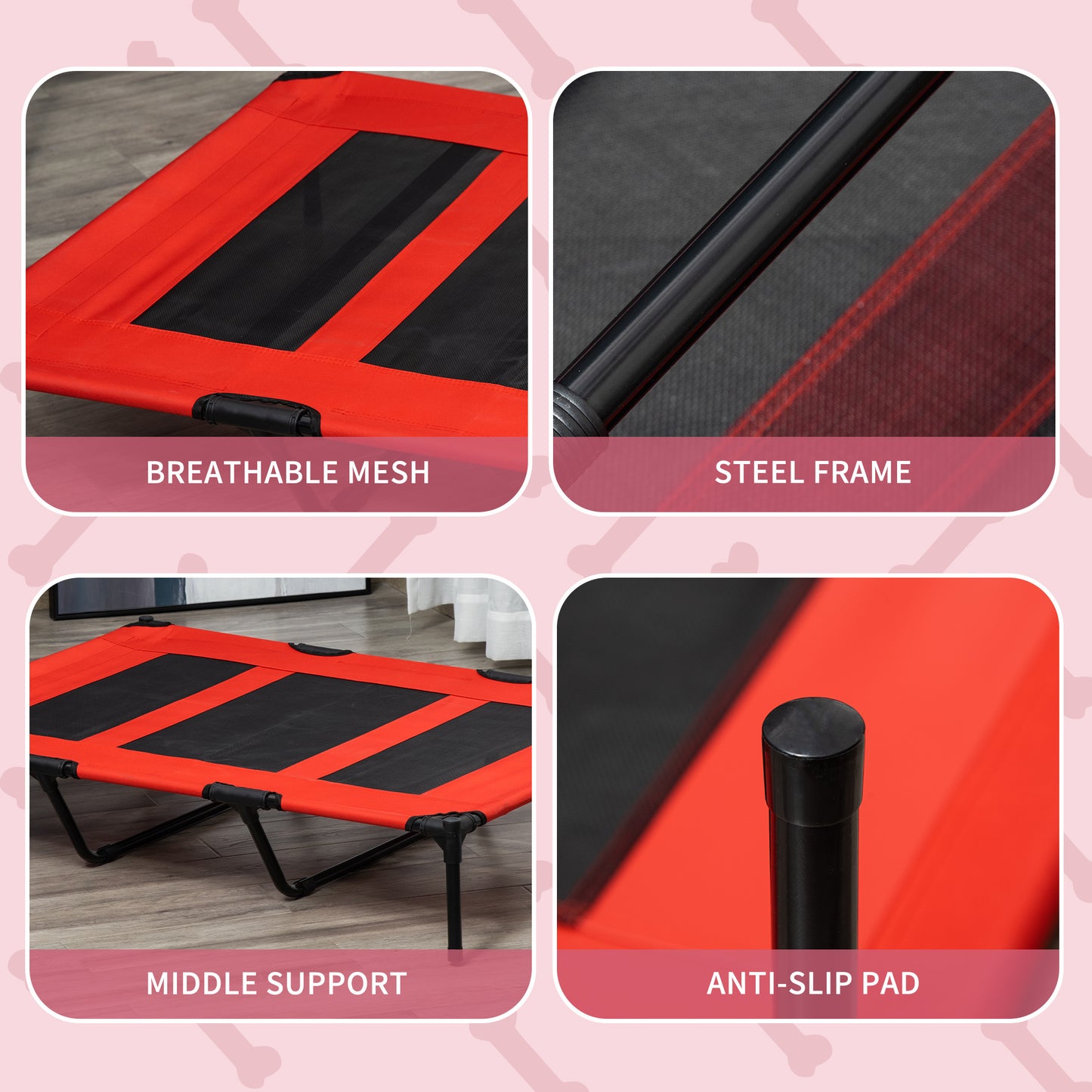 Red and black breathable mesh dog bed with sturdy steel frame