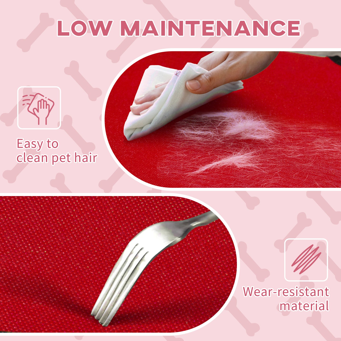 Closeup of a red textured pet mat being wiped clean of pet hair with a white cloth