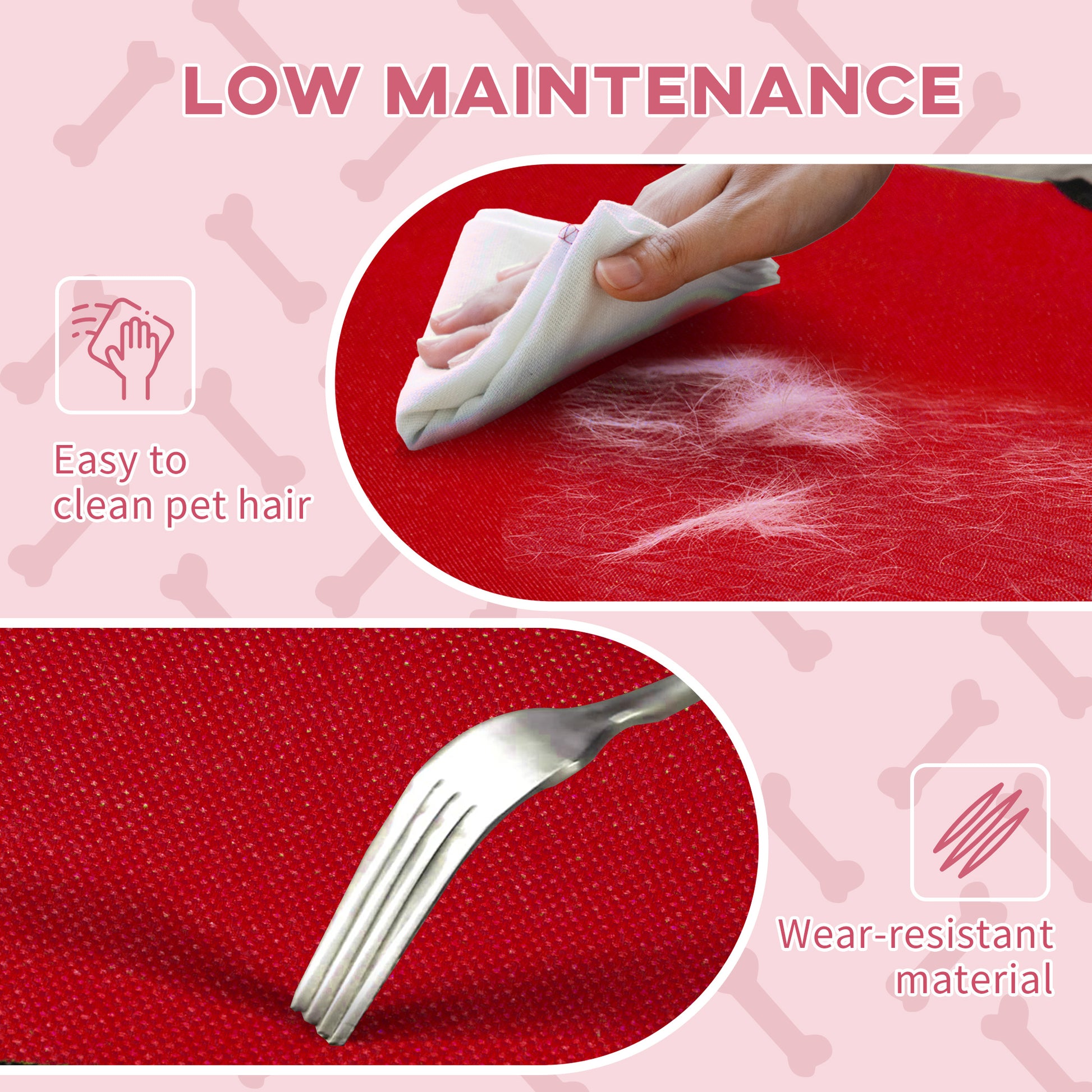 Closeup of a red textured pet mat being wiped clean of pet hair with a white cloth