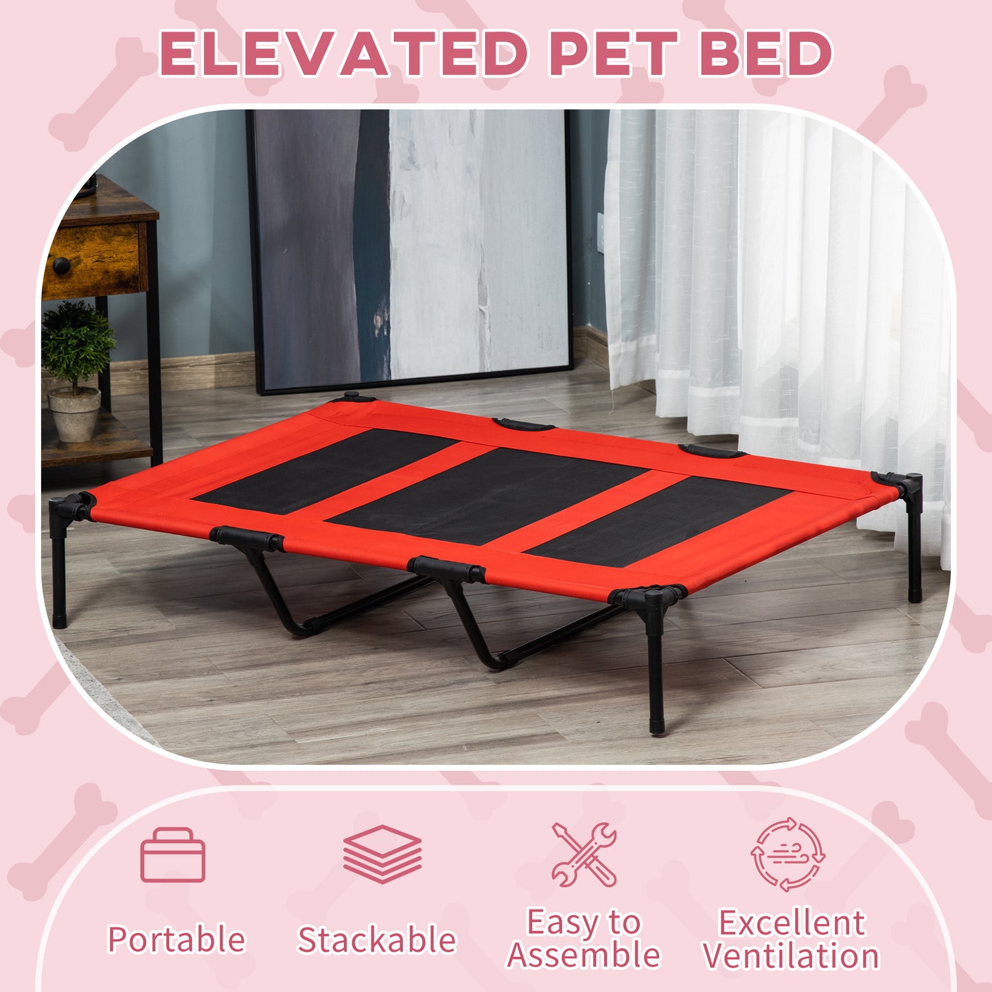 Red elevated pet bed with black mesh and metal frame ideal for outdoor use