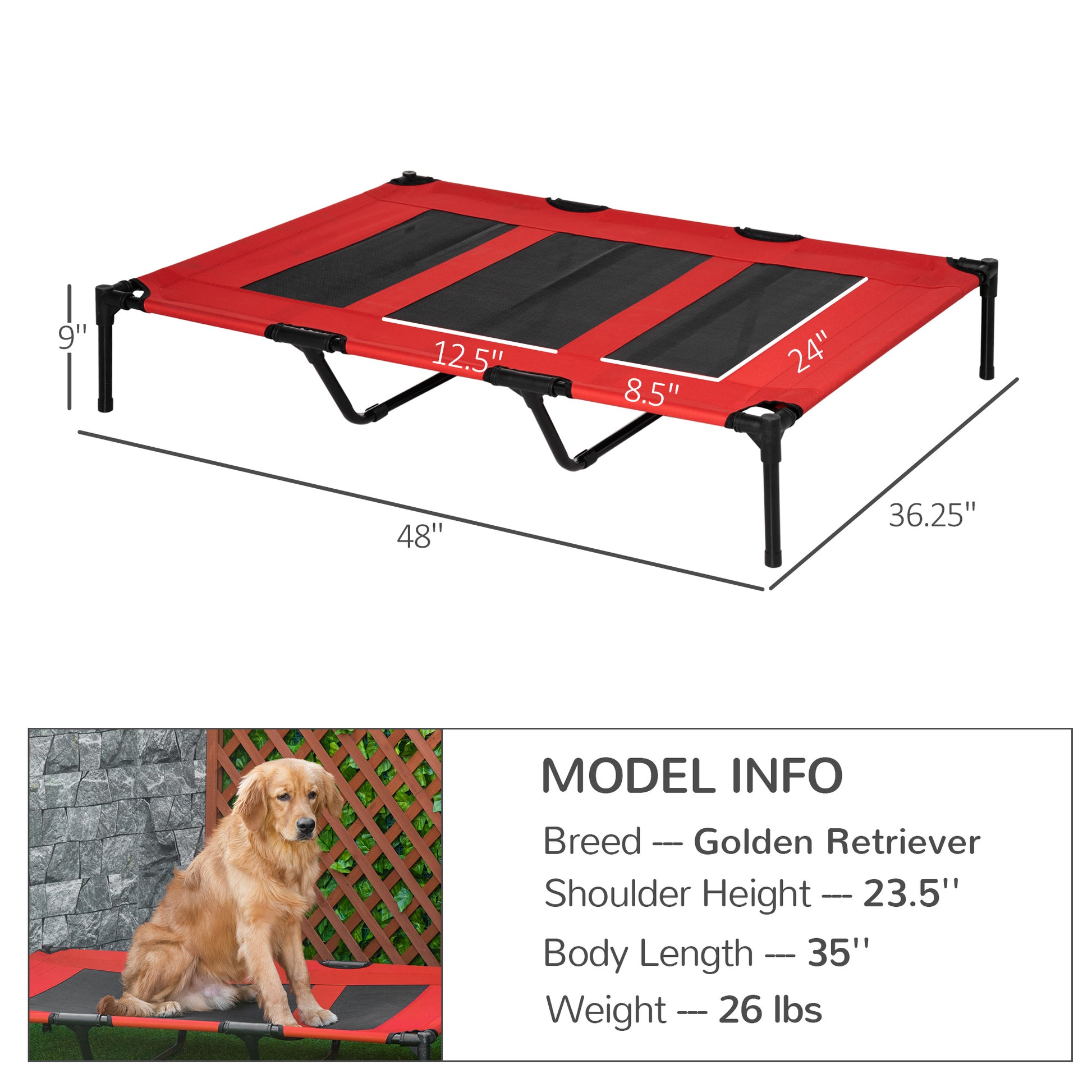 Red elevated dog bed with black mesh panels  L x  W for outdoor use