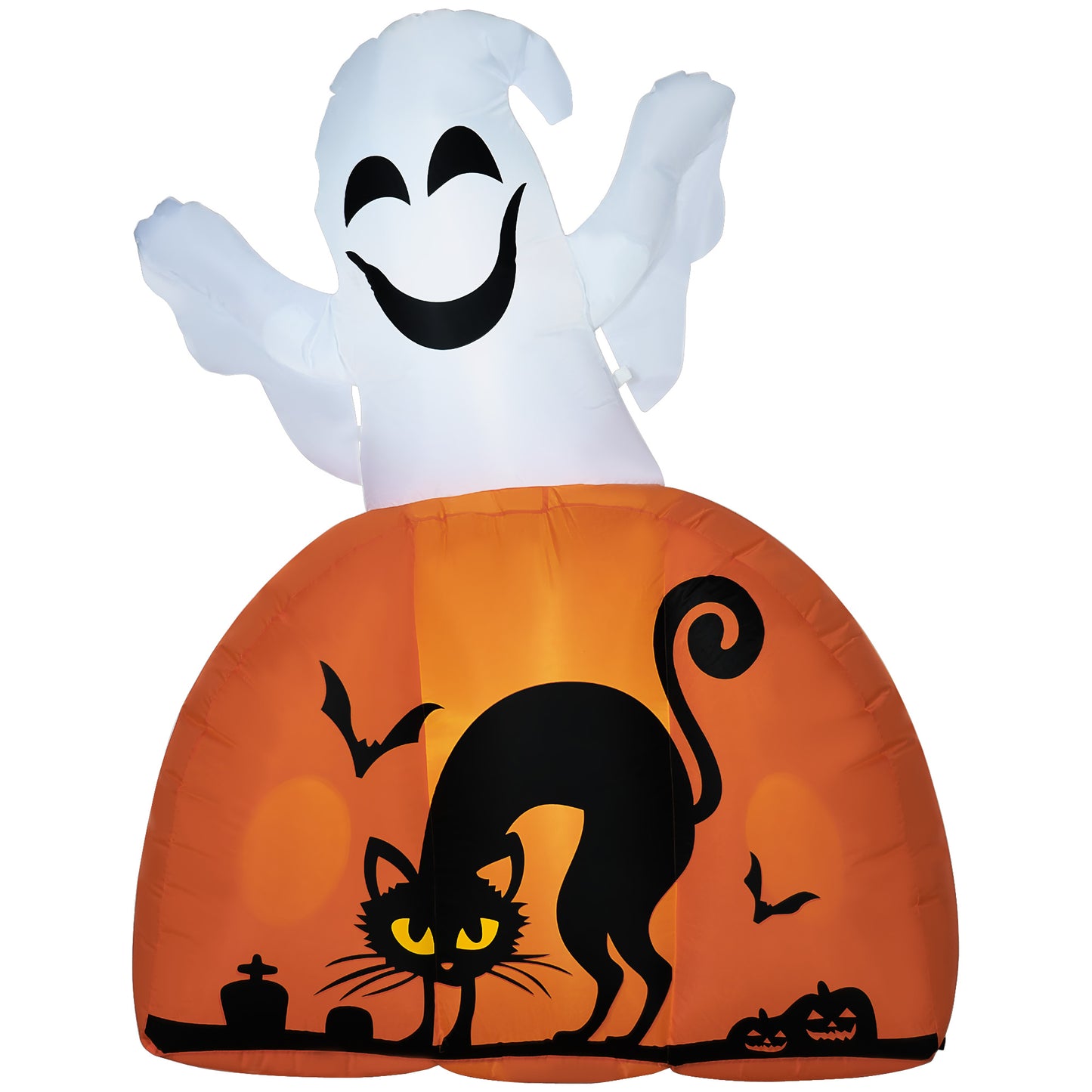 Inflatable Halloween decoration a cheerful ghost on an orange pumpkin with a black cat bats and tombstones