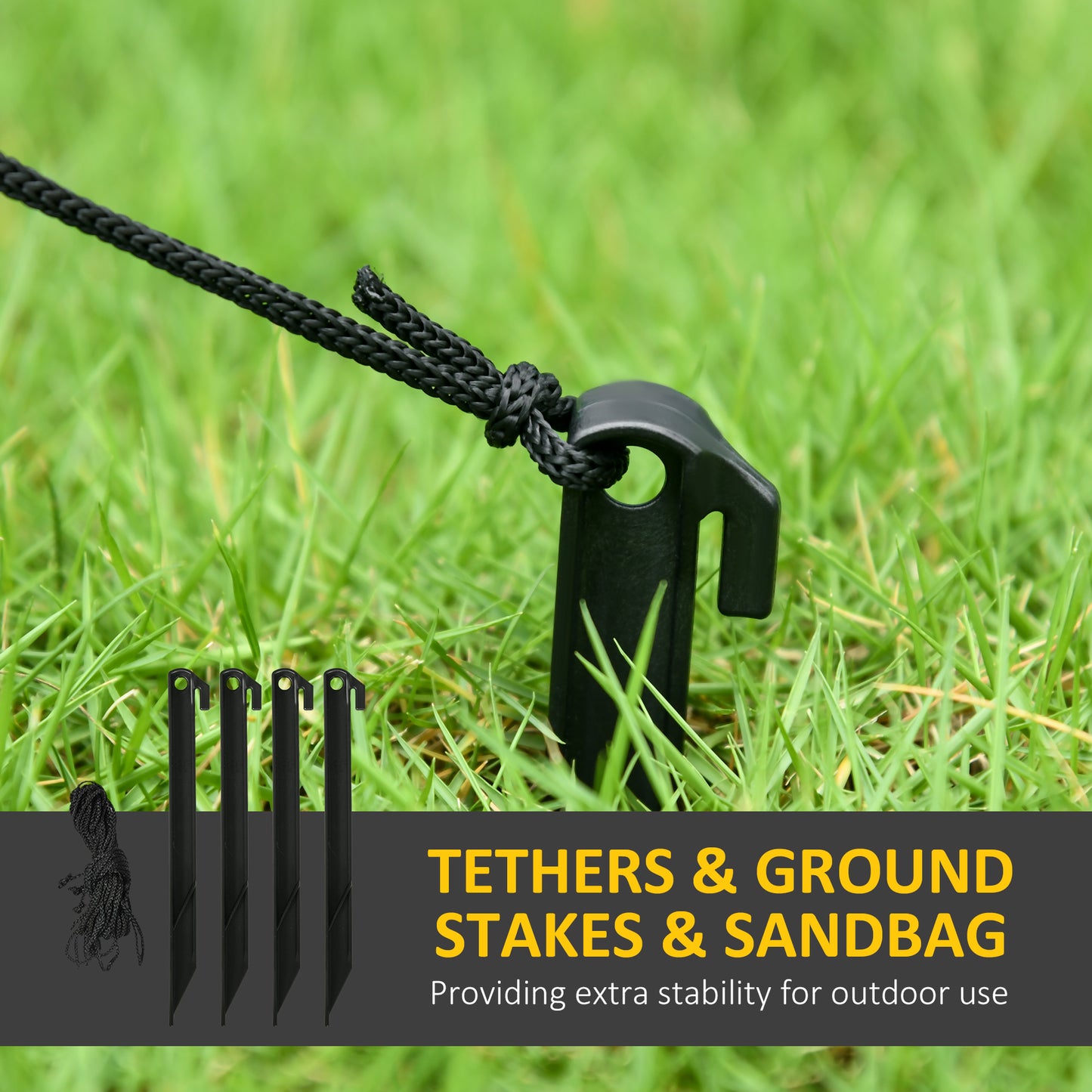 Black plastic ground stakes for camping tents and outdoor gear
