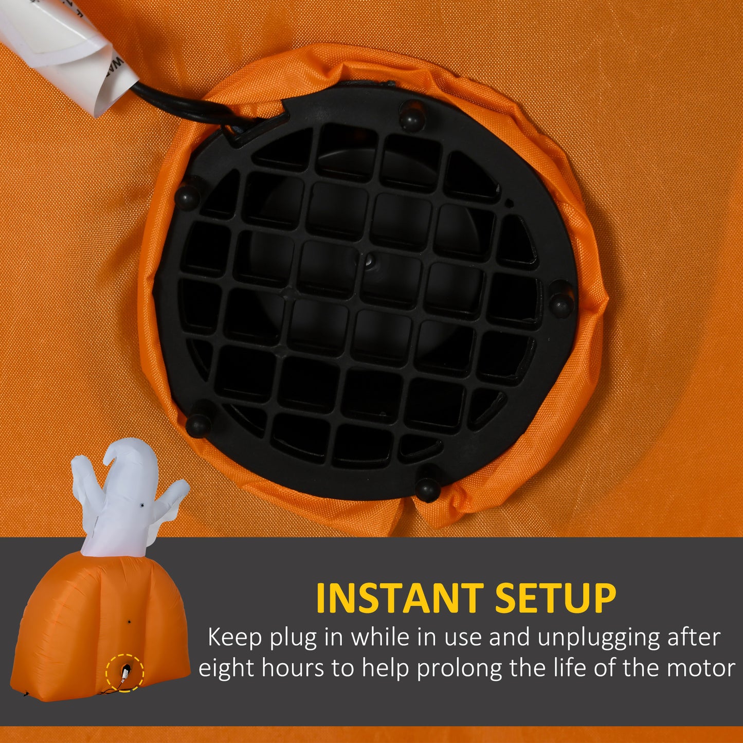 Inflatable ghost on pumpkin with builtin fan for instant setup