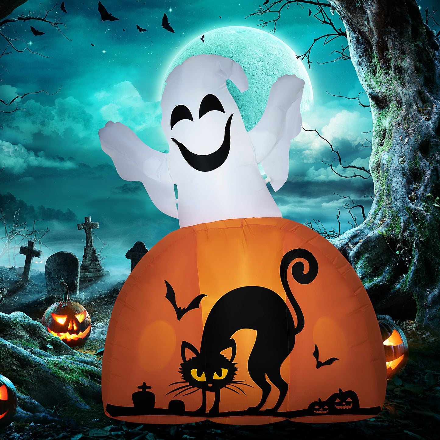 Inflatable ghost decoration with black cat on pumpkin base ideal for Halloween yards