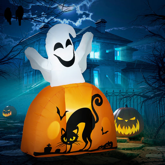 Inflatable Halloween decoration featuring a ghost on a pumpkin perfect for outdoor decor