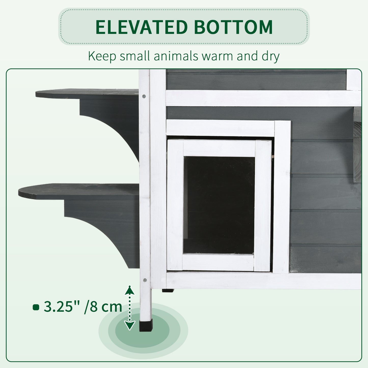 Wooden pet house with elevated bottom and two shelves gray exterior