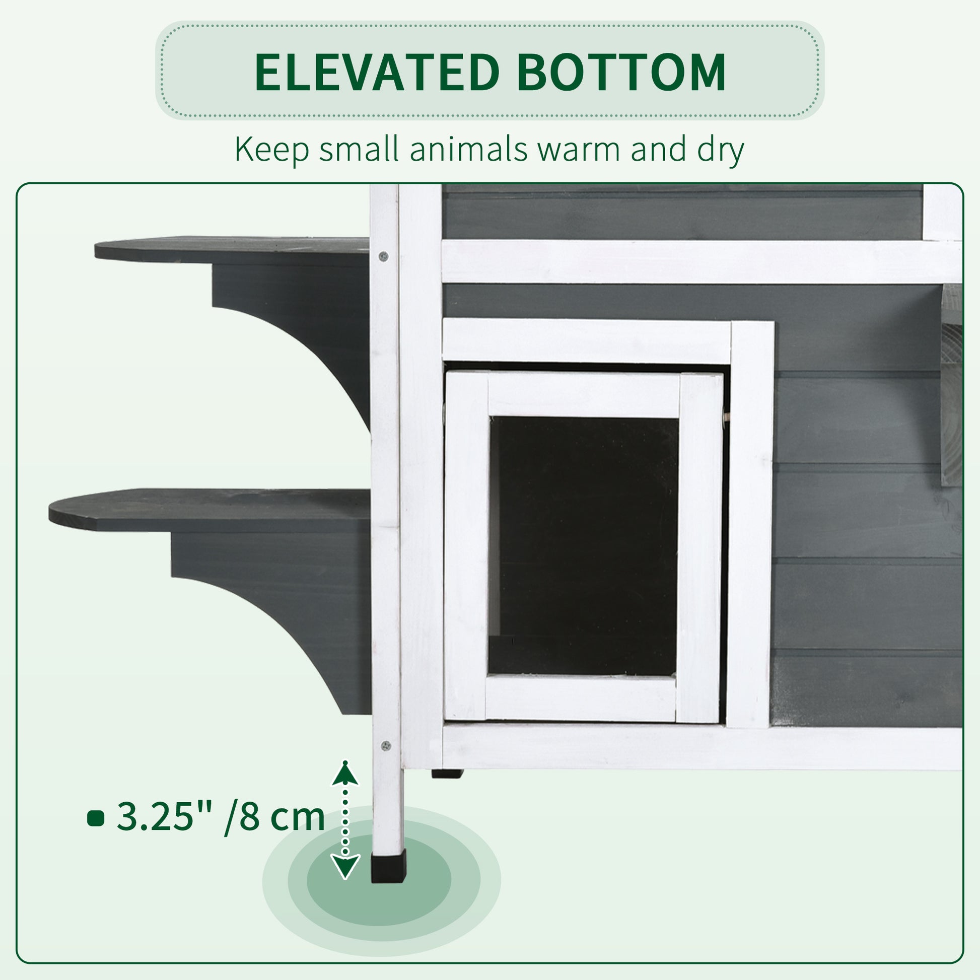 Wooden pet house with elevated bottom and two shelves gray exterior