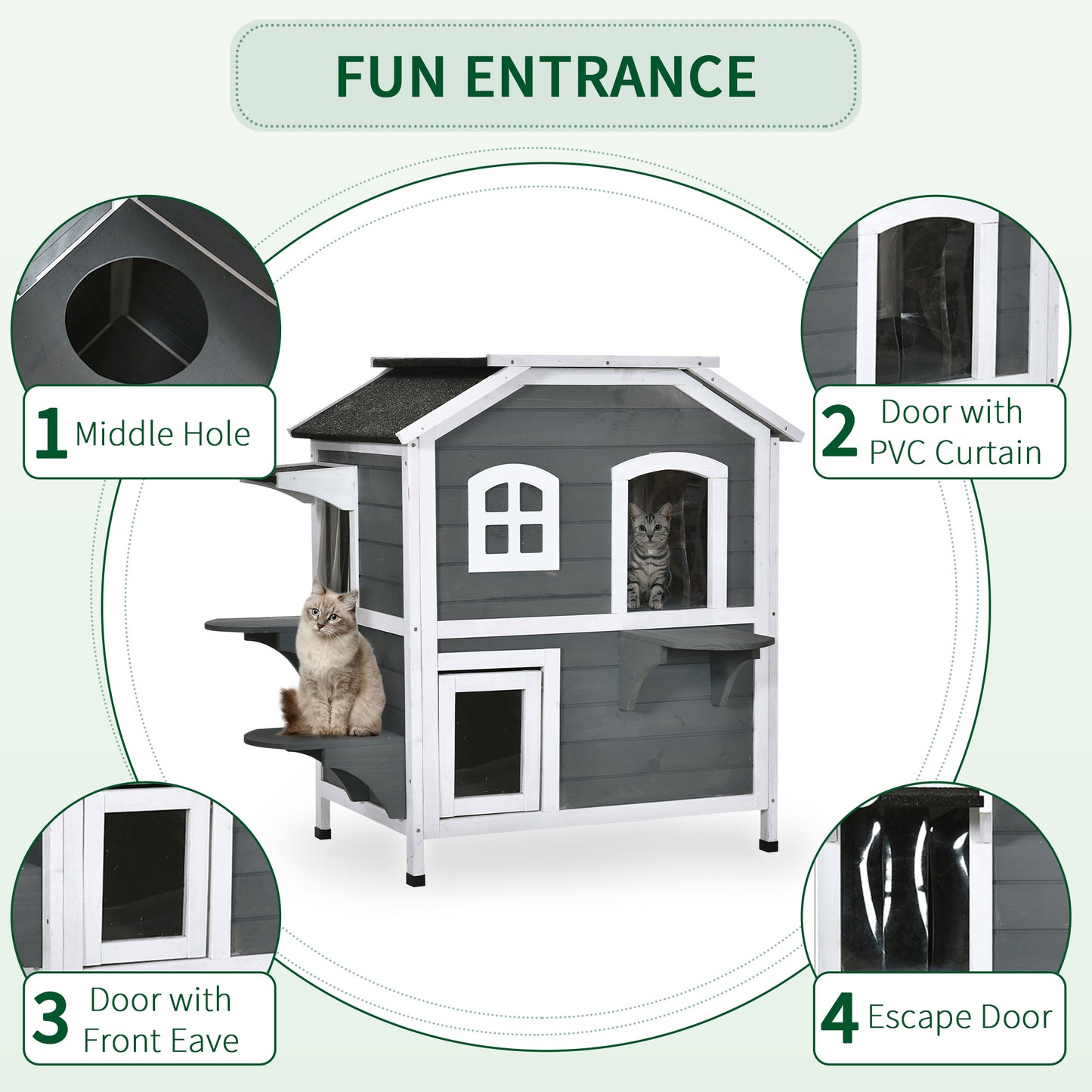 Gray wooden cat house with multiple levels and scratching posts