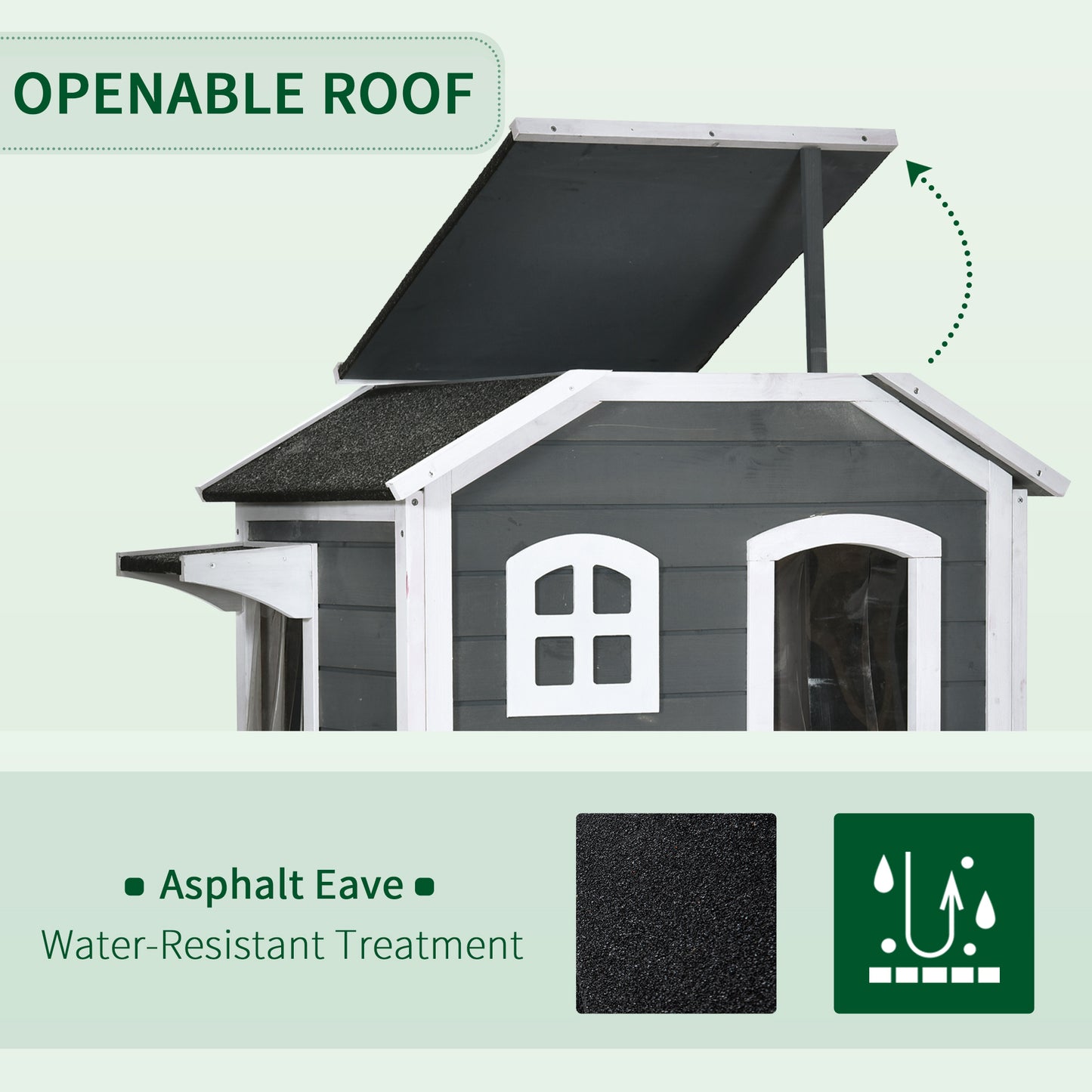 Dark gray wooden playhouse with an openable roof for easy access