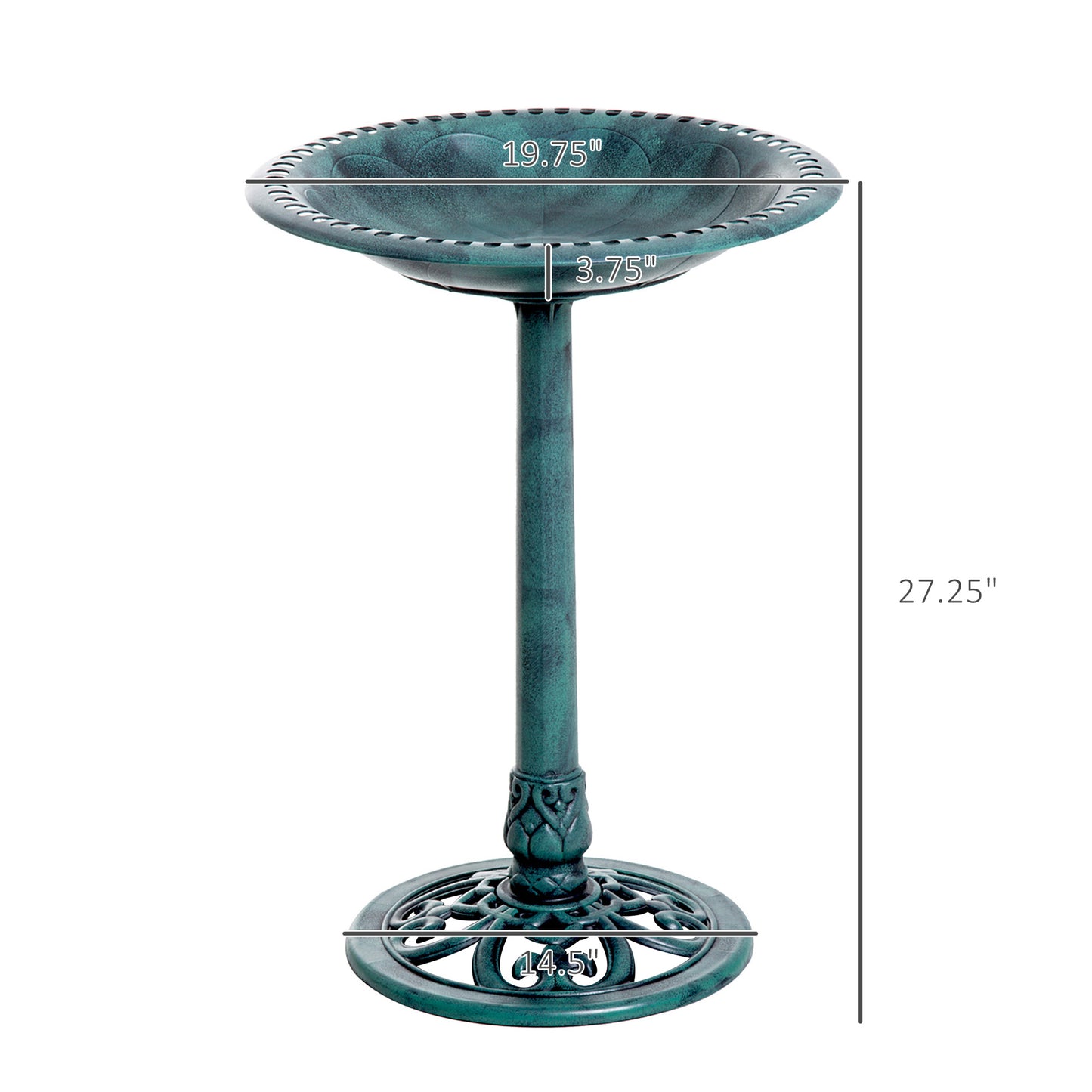 Classic green metal bird bath with ornate base and beaded rim  diameter