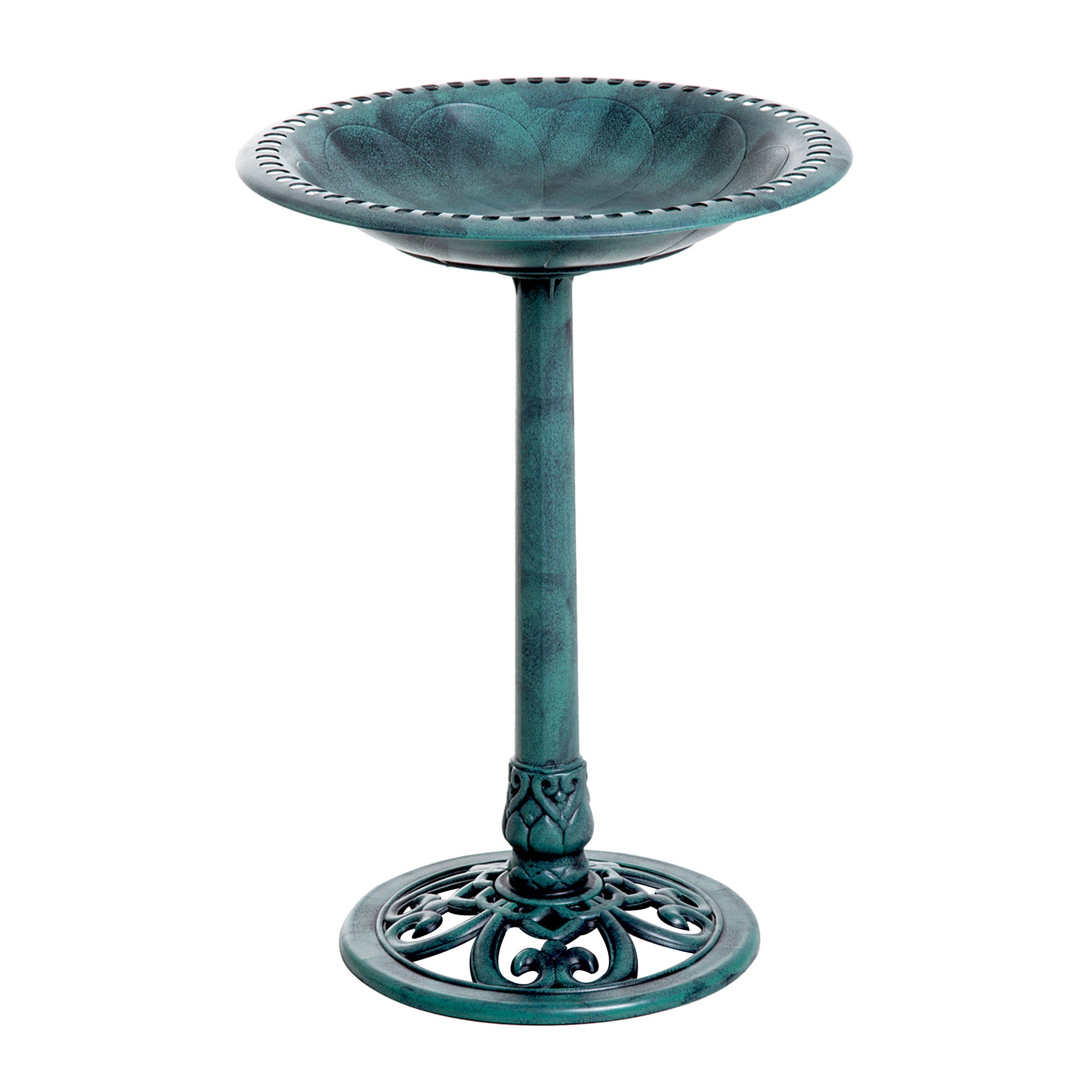 Ornate antique green cast iron bird bath with scalloped edge and pedestal base for garden decor