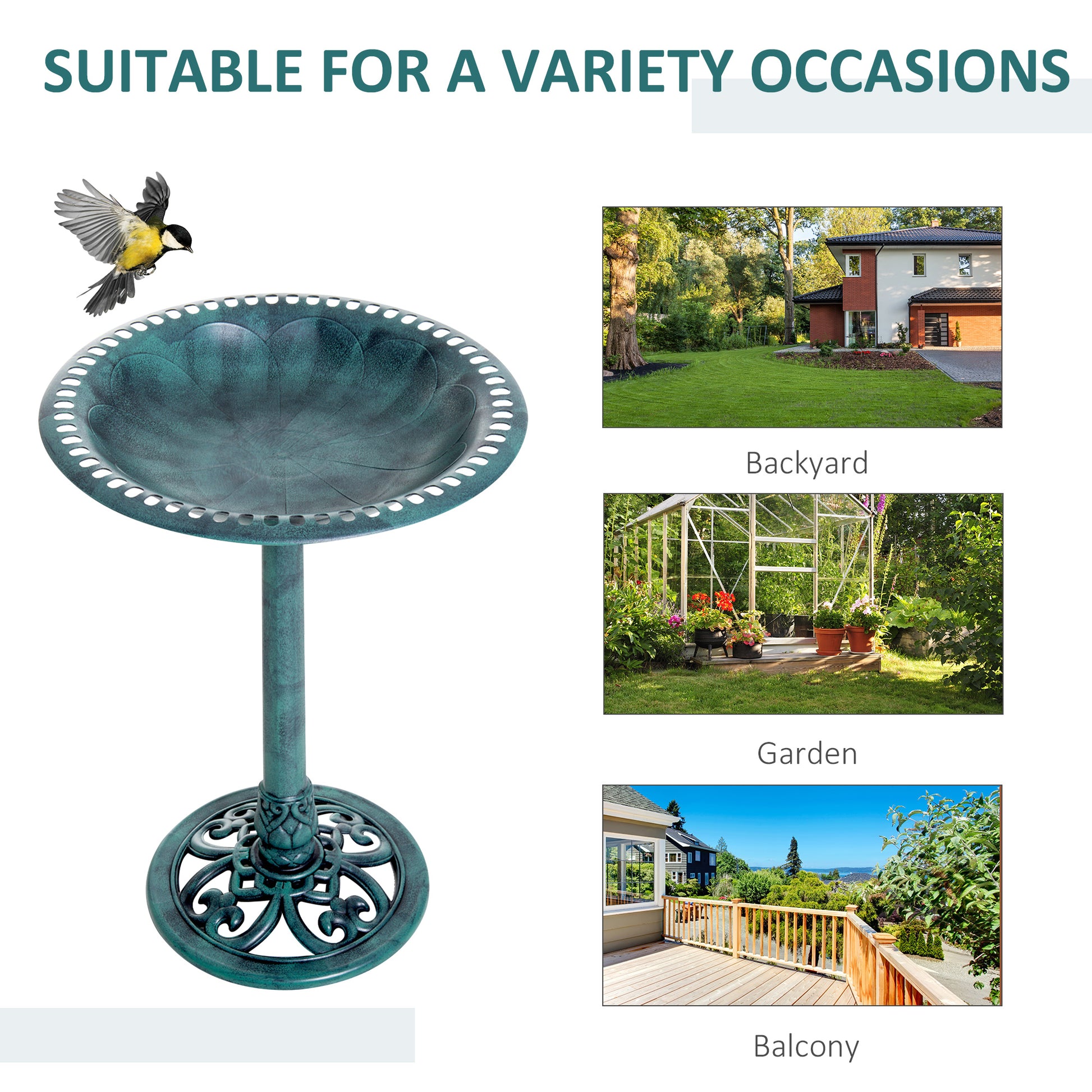 Ornate teal metal bird bath with decorative pedestal perfect for garden use