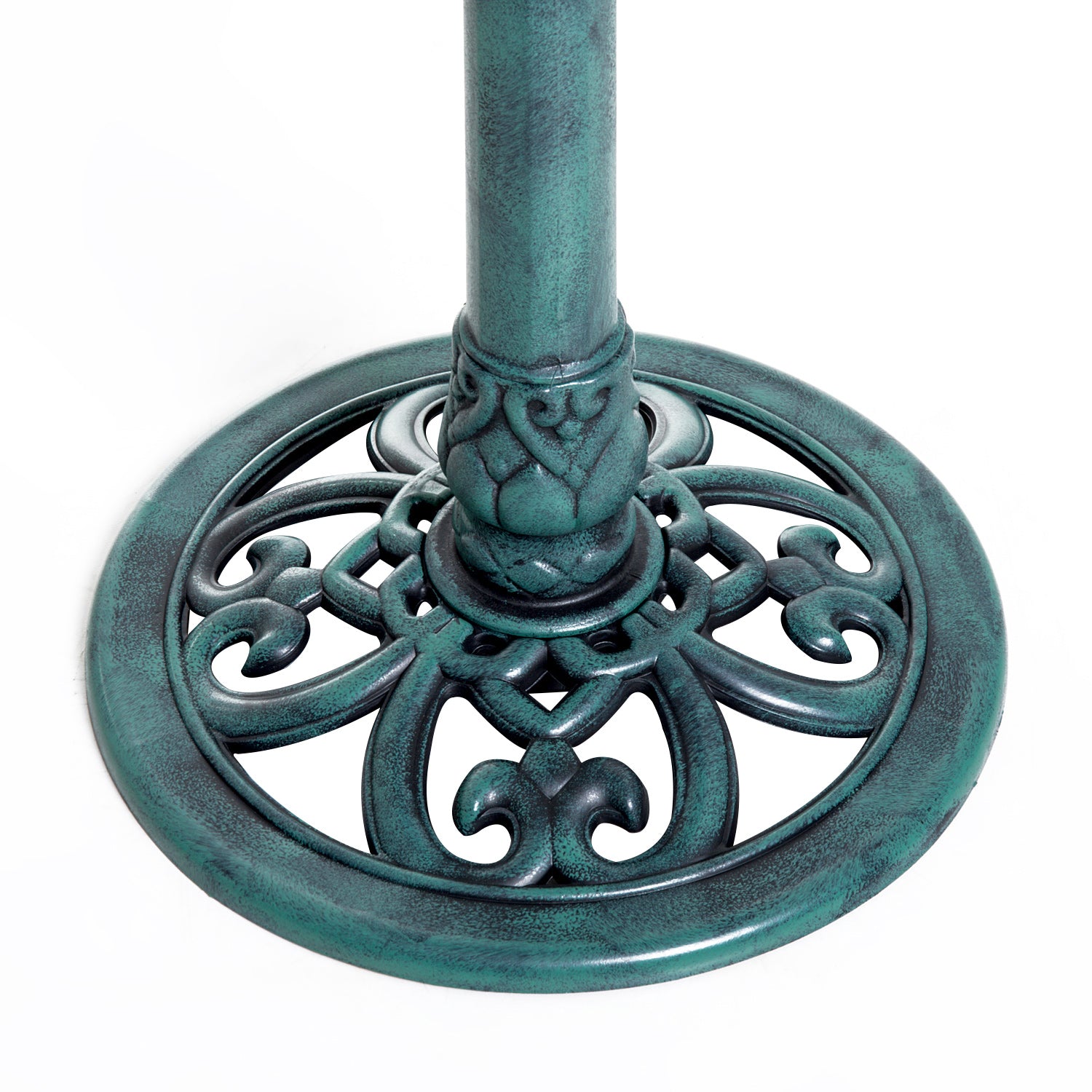 Ornate antique green wrought iron table base with detailed scrolling pattern