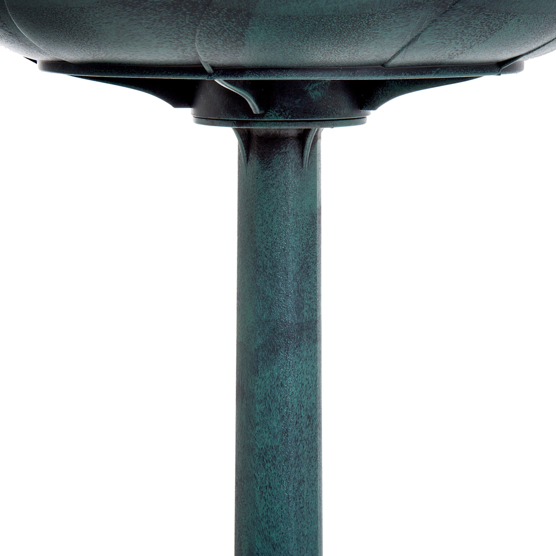 Textured teal metal bird bath stand with a detailed base connecting to a sturdy pole