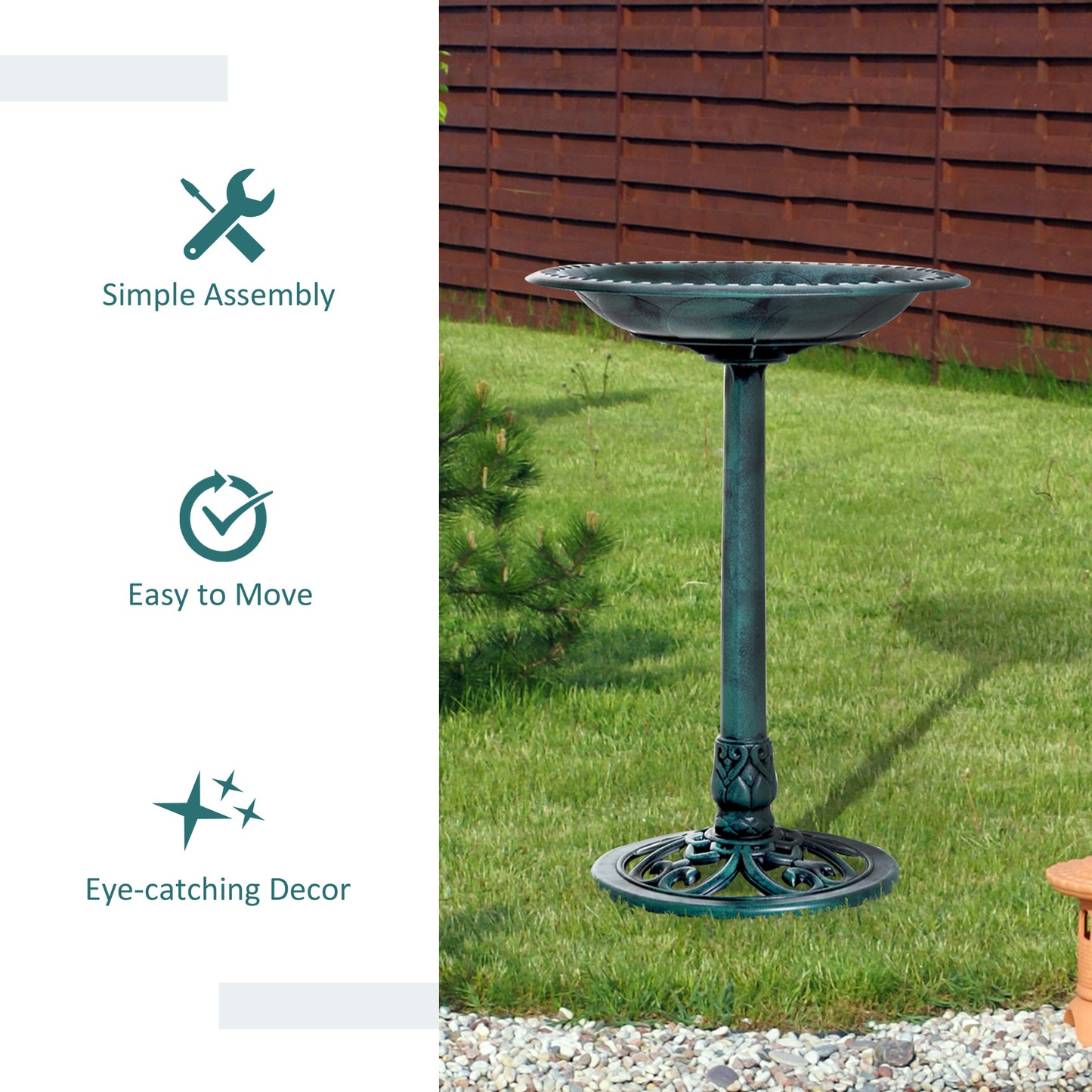 Ornate dark green metal bird bath with decorative base ideal for garden decor