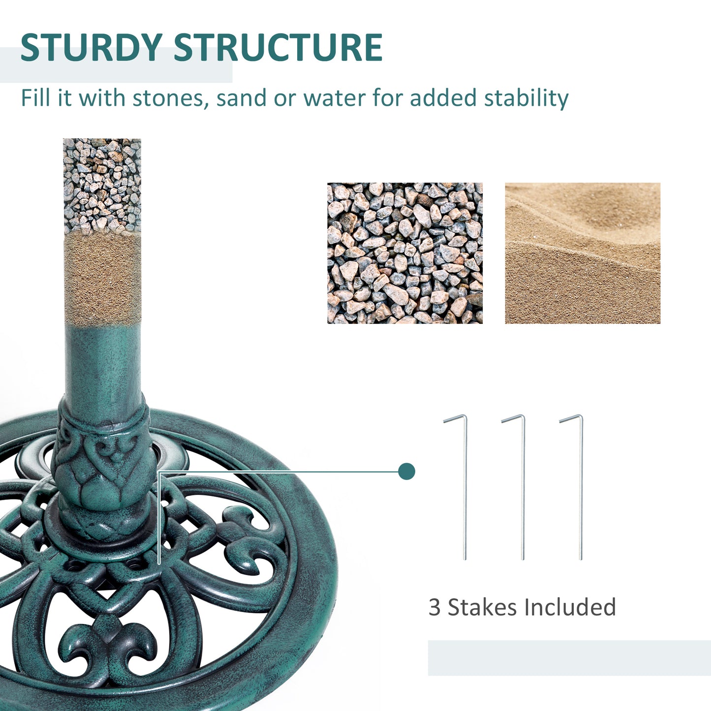 Ornate teal cast iron table base with fillable interior for stability