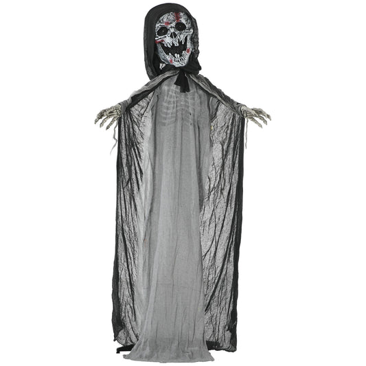 Scary Halloween grim reaper decoration with skeletal hands and tattered black cloak