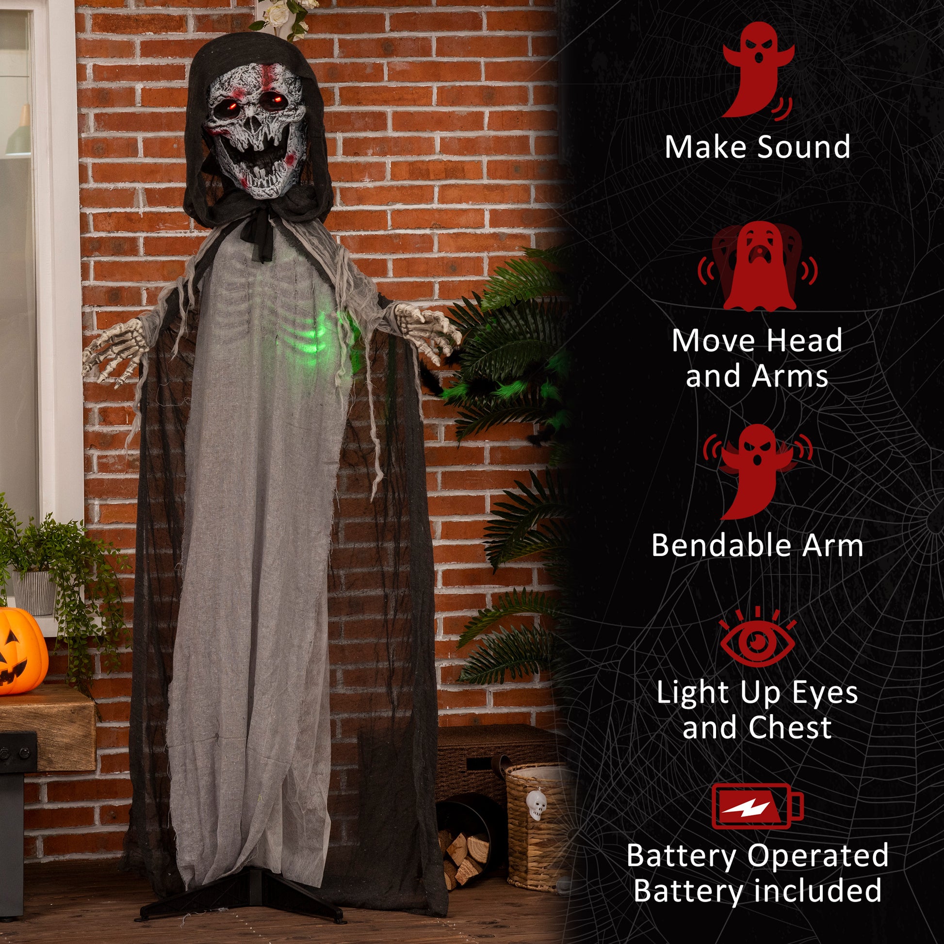 Scary animated grim reaper Halloween prop with lightup eyes and chest