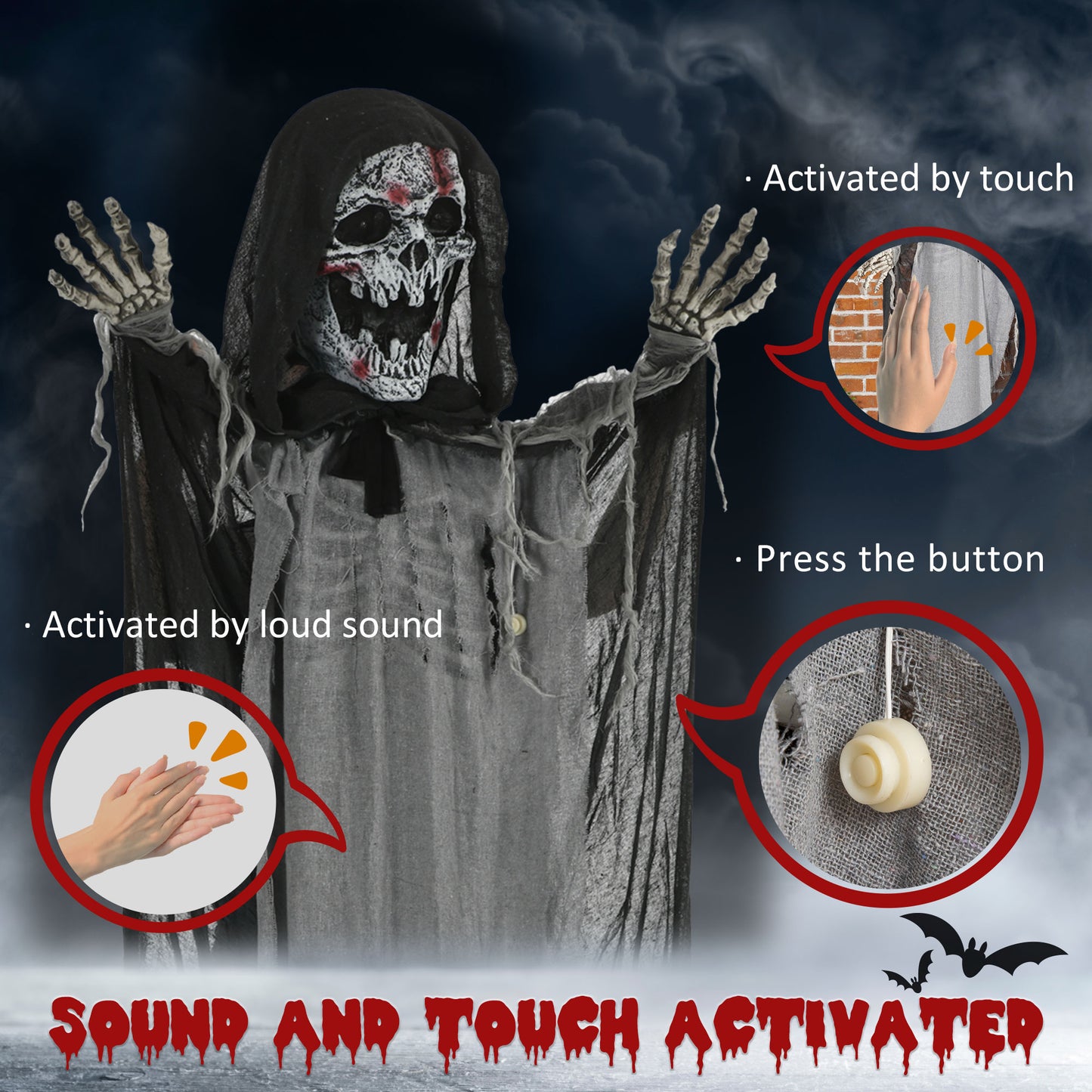 Scary Halloween grim reaper decoration activated by touch or sound ideal for spooky parties