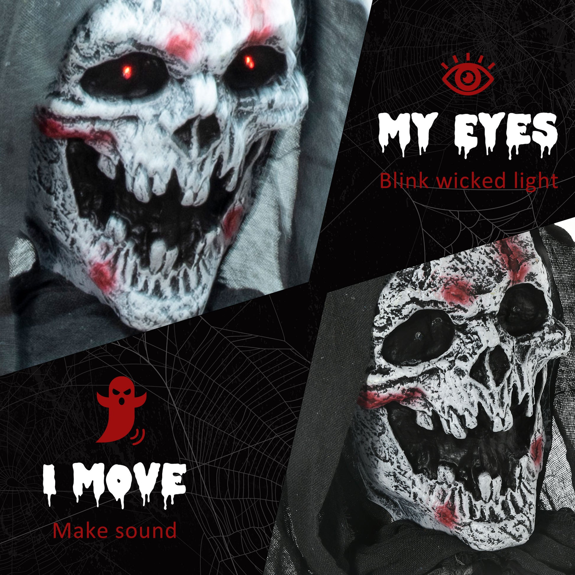 Scary animated reaper prop with glowing red eyes and a tattered grey hood for Halloween
