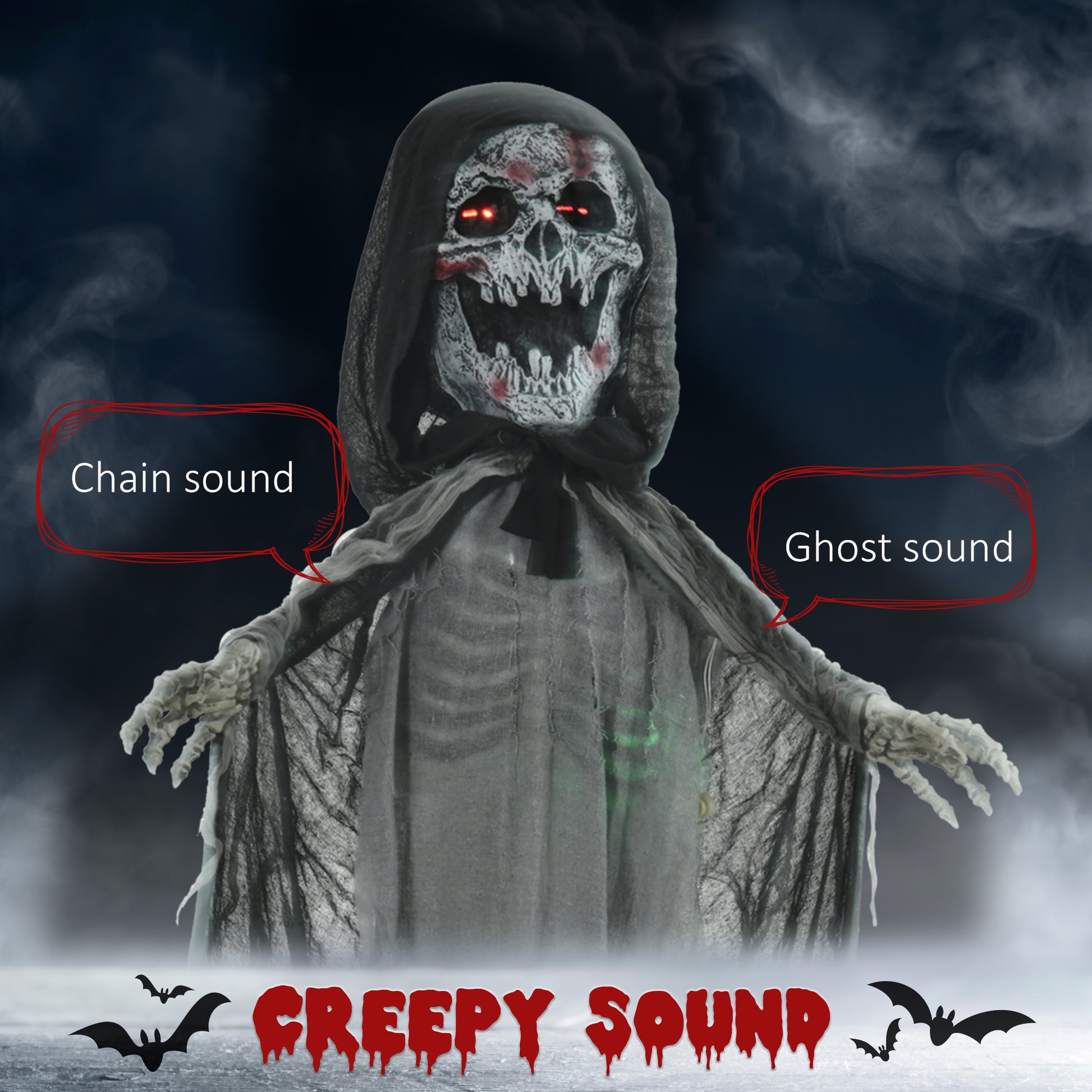 Scary animated grim reaper prop with glowing red eyes and chain sound for Halloween decor