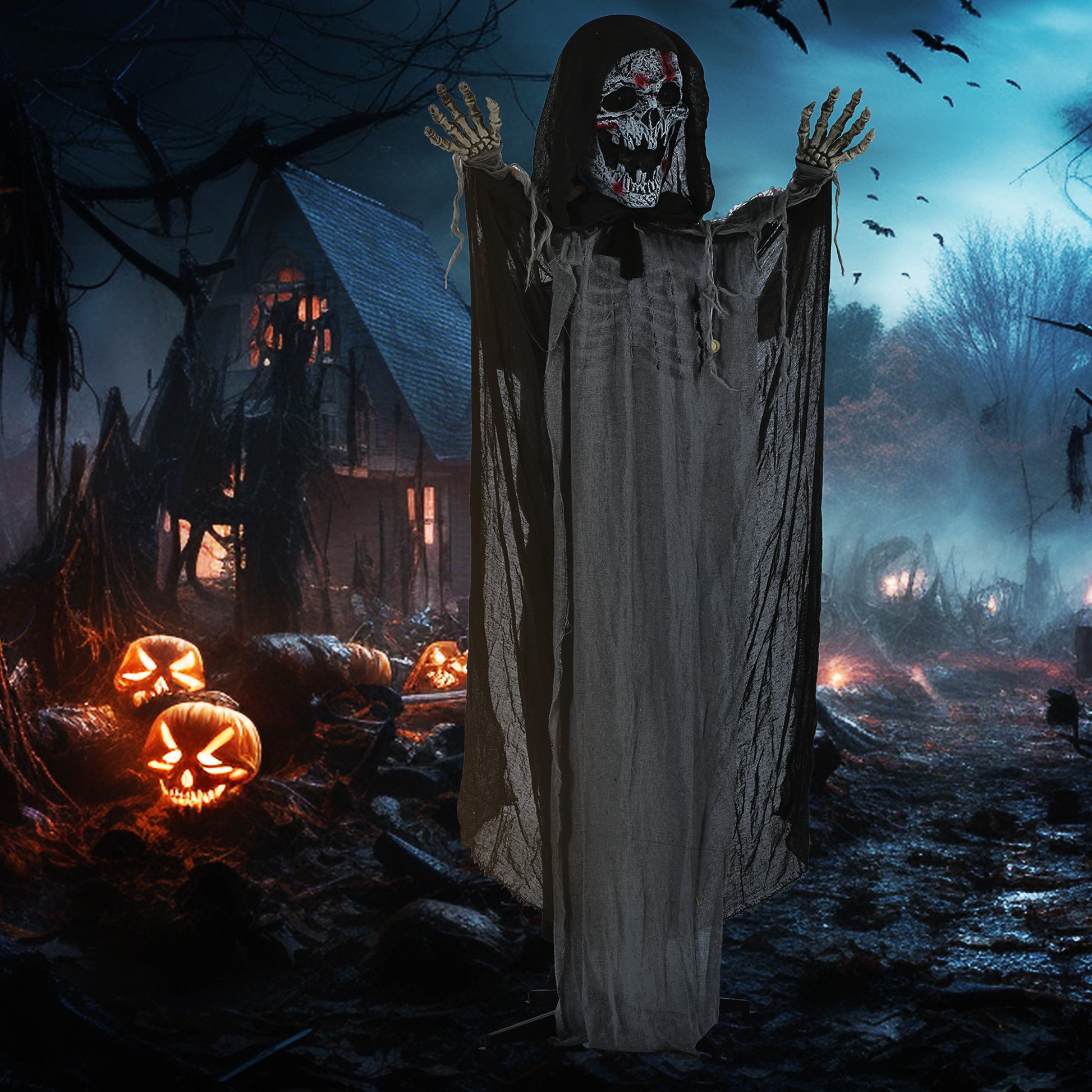 Scary hanging Grim Reaper prop with tattered black robes and skeleton hands for Halloween decor
