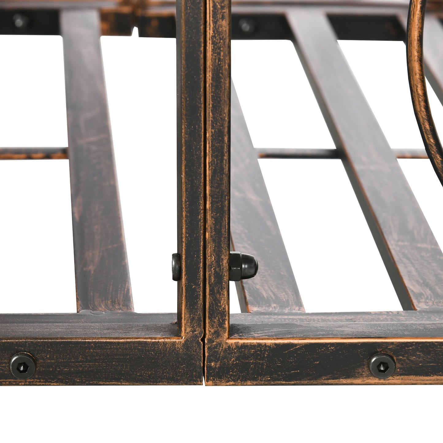 Bronze metal bed frame with slatted support closeup view